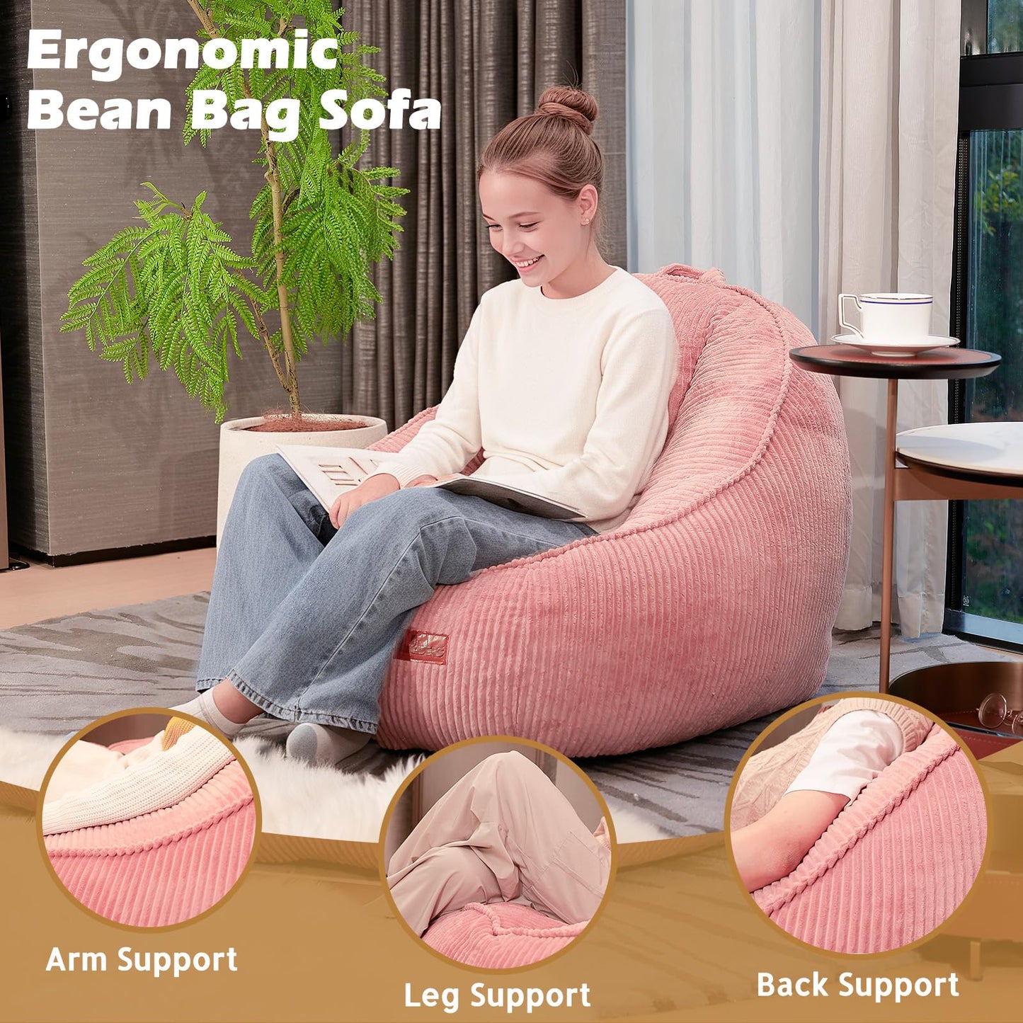 UODERS Bean Bag Chair for Teens & Kids, Corduroy Sofa Chair with Handle for Reading, Gaming, Cute Boneless Beanbag Sofa with Foam Filling