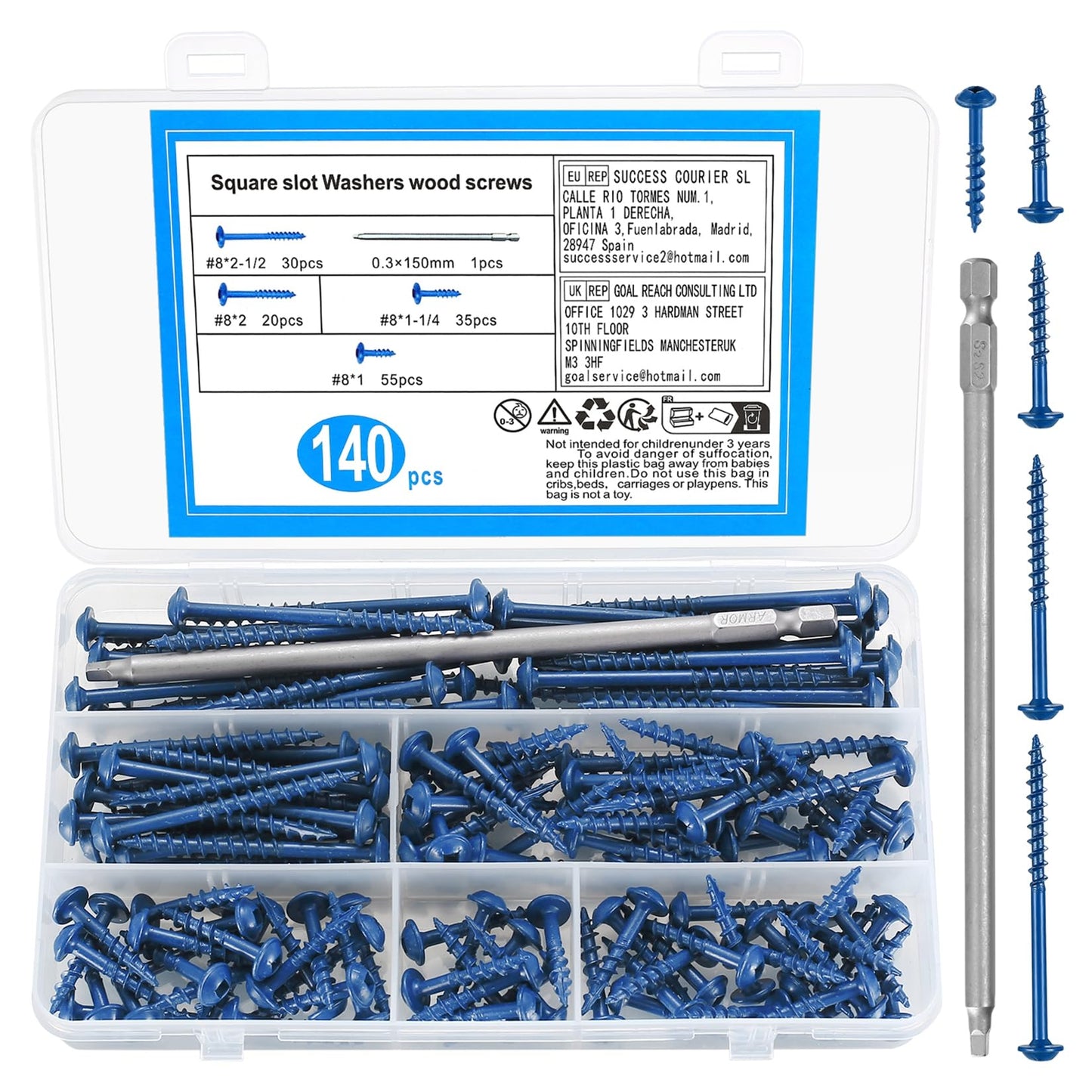 140pcs Pocket Hole Screws, #8 Self Tapping Wood Screws, Square Drive Coarse Thread screws, Pan Head Wafer Head Machine screws, Flanged head Truss head