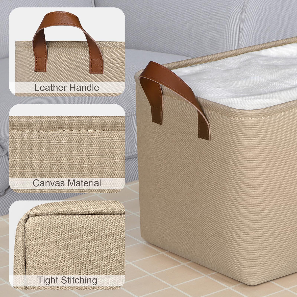 Syeeiex Storage Baskets for Shelves 4 Pack, Fabric Storage Boxes with Leather Long Handles, Foldable Storage Basket for Toys, Clothes