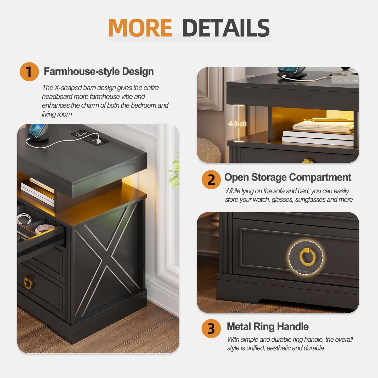 Gurexl LED Bedside Table with Gun Drawer, Charging Bedside Table with USB & Type-C Port, Human Sensor Light
