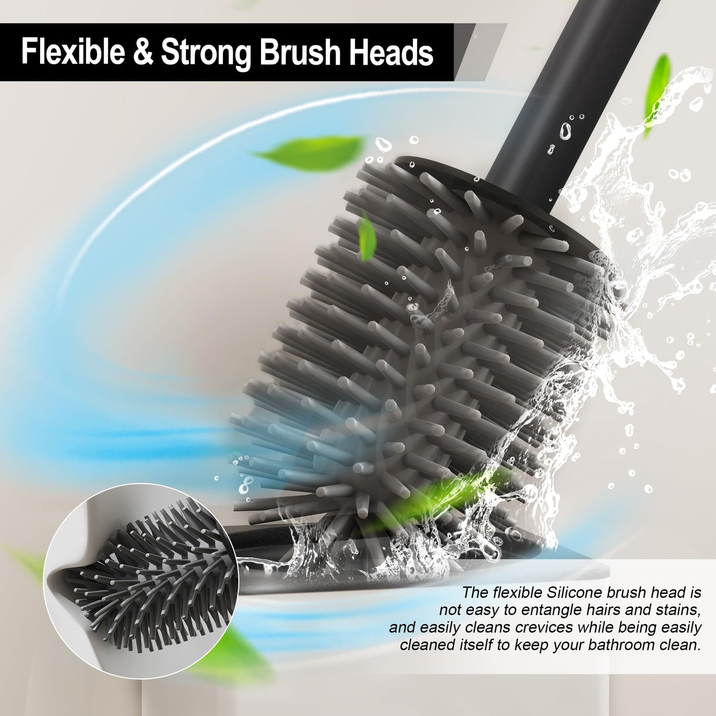 BVL Wall Mounted Matte White Toilet Brush, No Drilling Metal Toilet Brush Holder Includes 2 Brush Heads, Silicone Head Square Holder