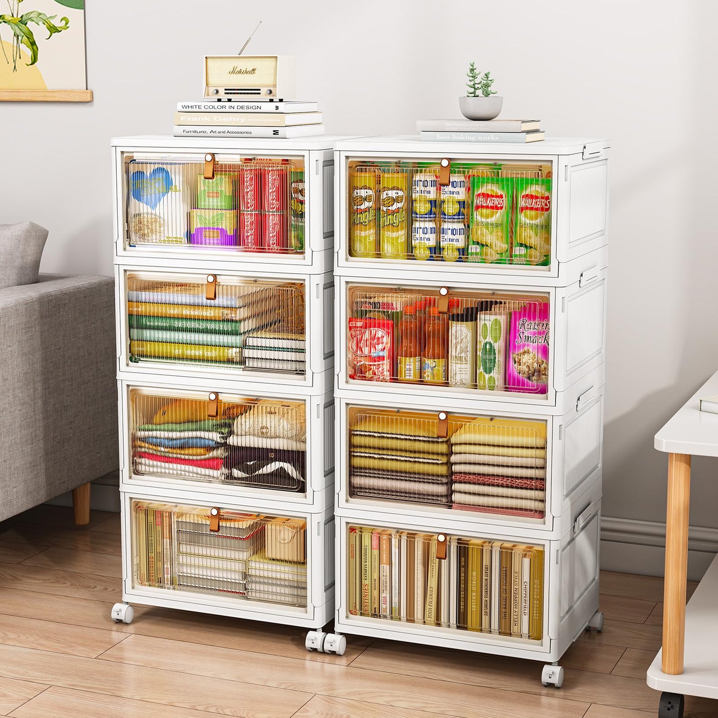 TidyTrove Storage Boxes with Lids, Plastic Storage Boxes with 1 Lid 28L/Tier, 4-Tier Stackable Storage Boxes with Wheels, Folding Storage Bins,