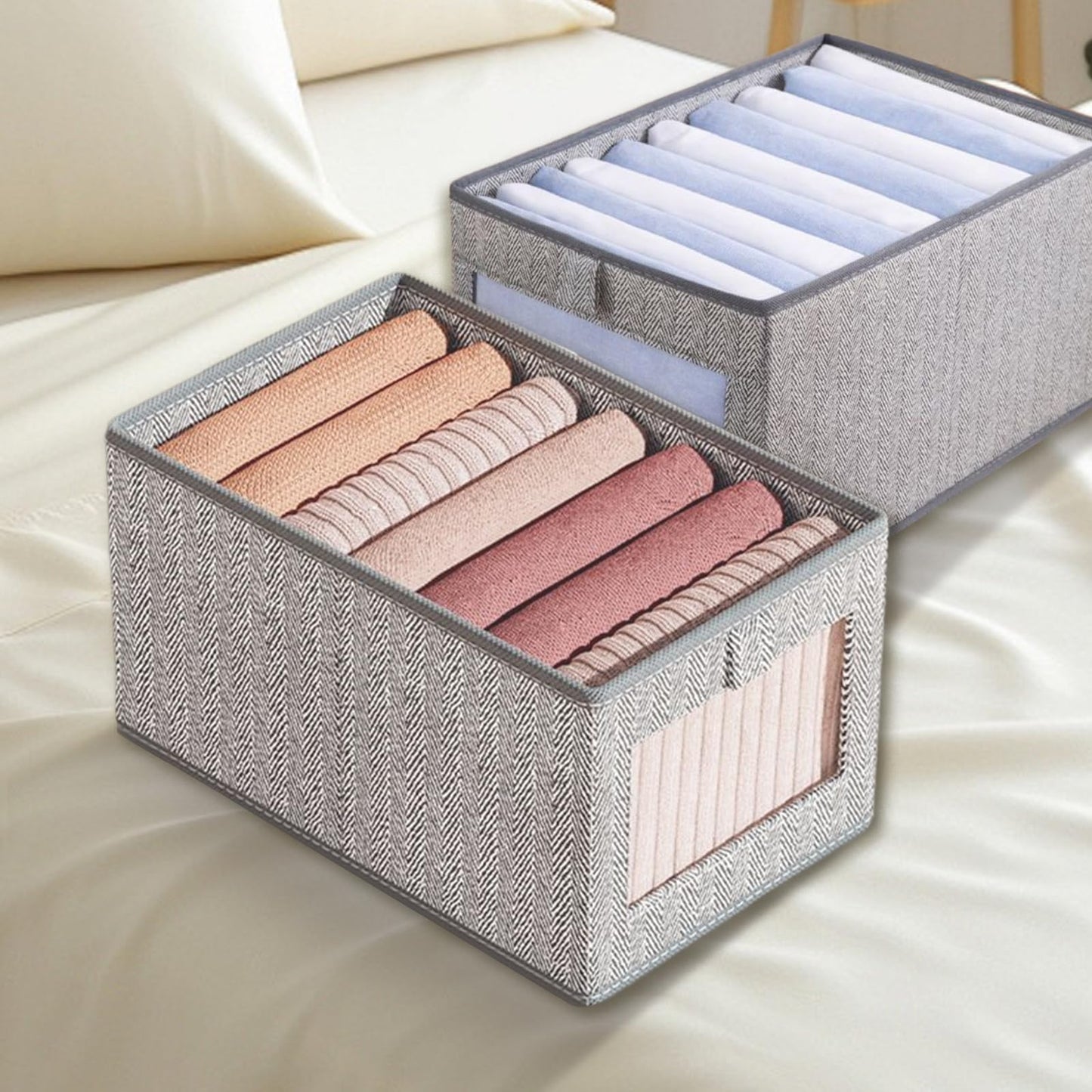 FUNSUEI 6 Pack Foldable Clothes Storage Boxes (Large & Medium), Fabric Wardrobe Storage Organiser with Clear Window for Clothes, Snacks, Towel