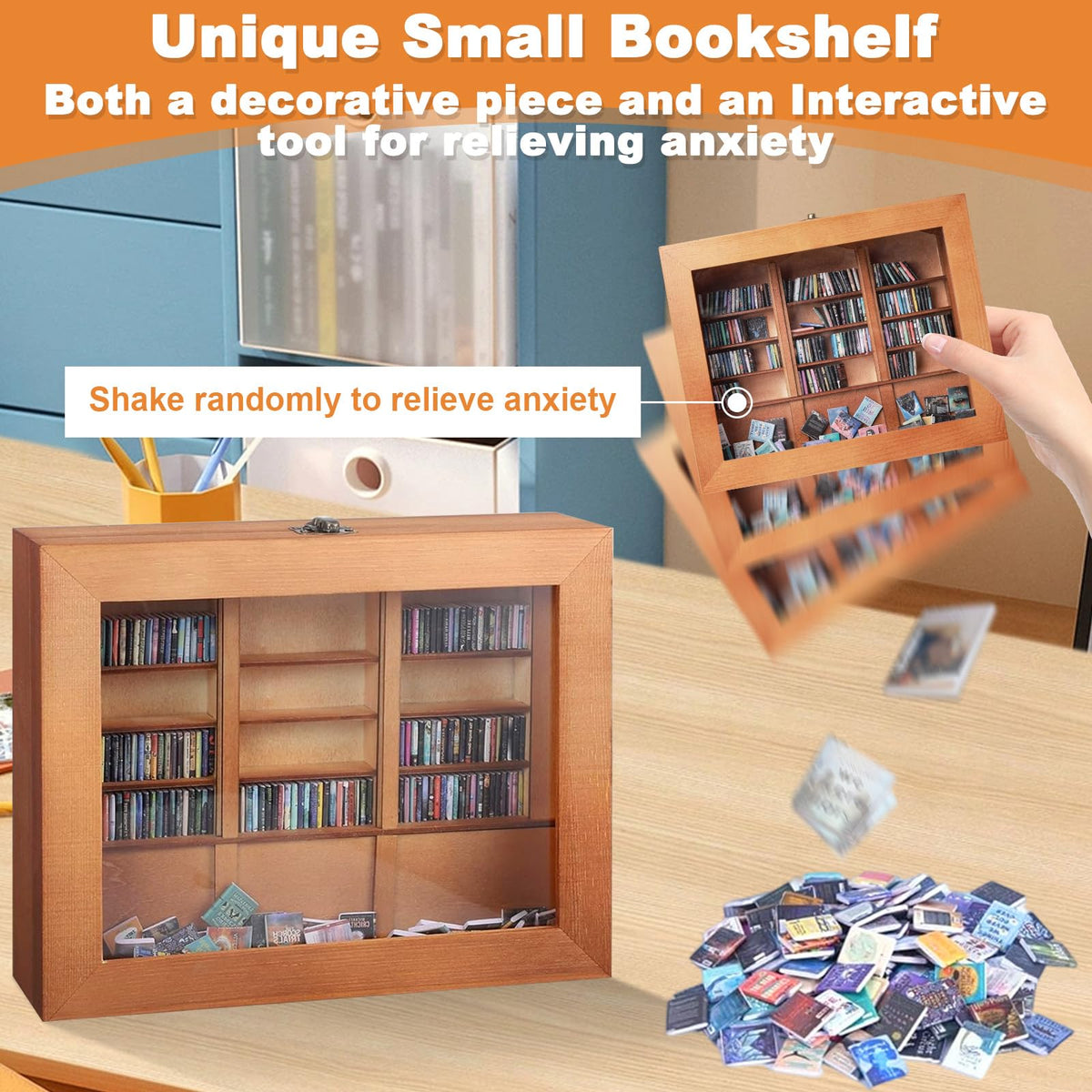 Anxiety Bookshelf with 200 Mini Books, Wooden Miniature Library Display for Stress Relief, Small Home Room Office Decor Ornament