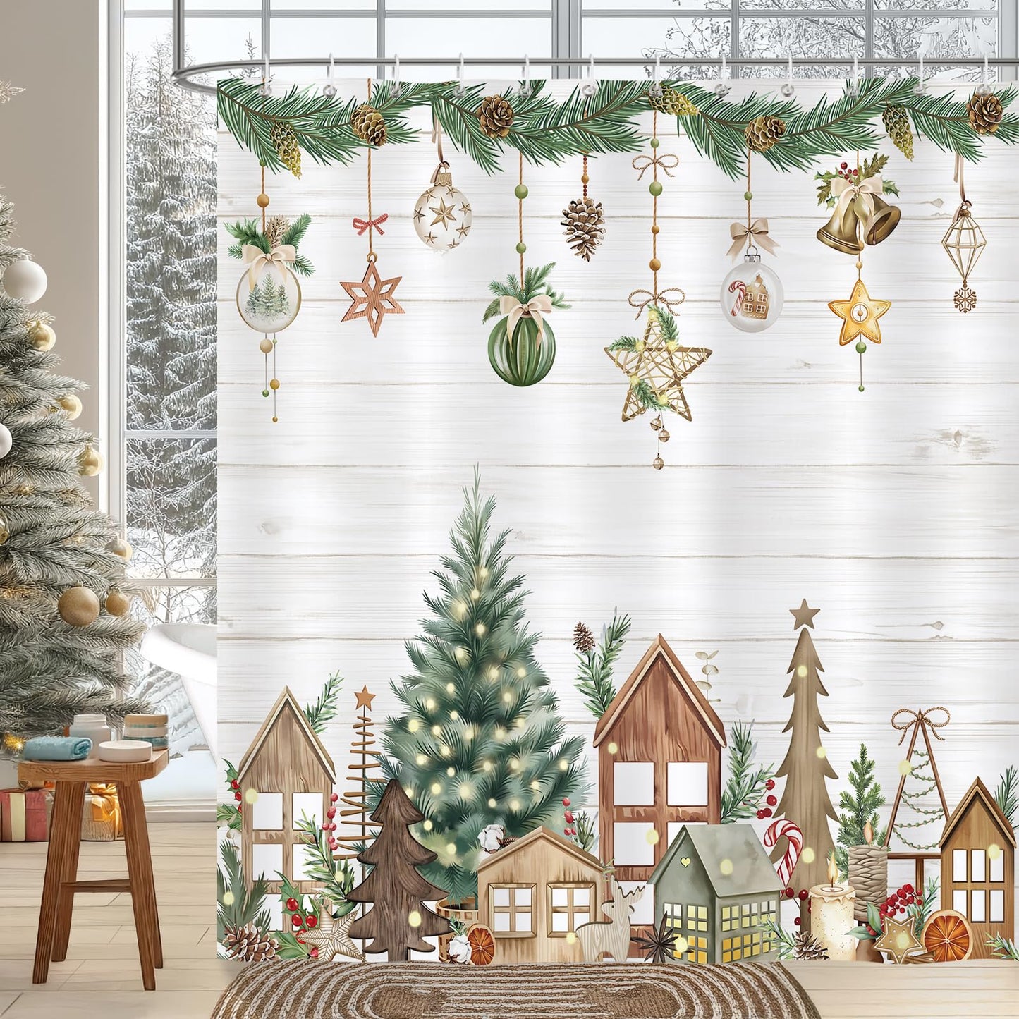 Bonhause Christmas Tree Shower Curtain, Xmas Pine Tree Farmhouse House Wooden Bathroom Curtain 180 x 180 cm Waterproof Mildew and Mould Resistant