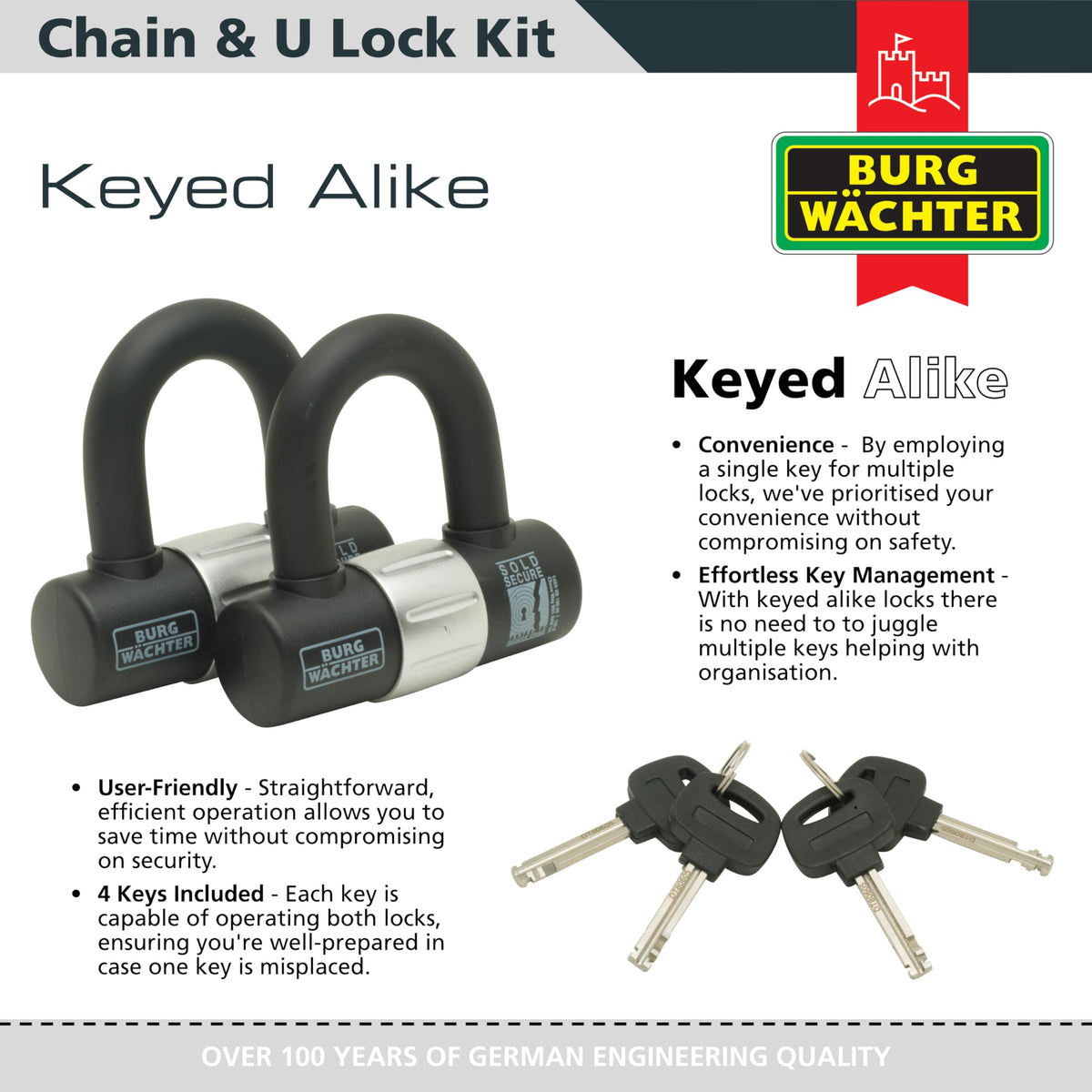 Burg-W?chter GKM10mm Duo Kit Sold Secure Diamond & Gold 10mm Keyed Alike Twin Pack, Black, 1M Chain, Lock & Ground Anchor