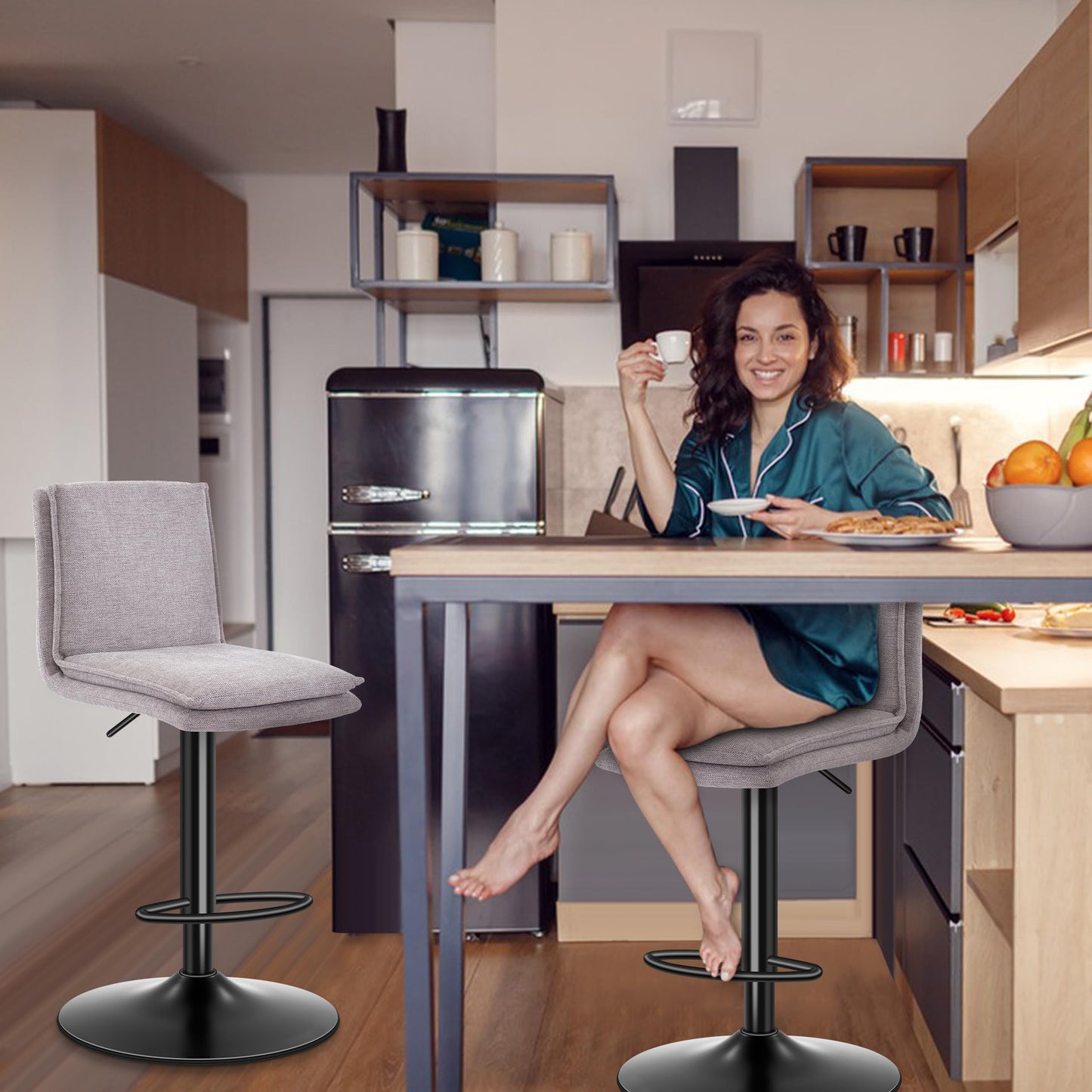 LXRADEO Bar Stools Set of 2 Adjustable Swivel Counter Height Breakfast Barstools with Backrest - Breathable Linen Fabric & Soft Cushioned Seat