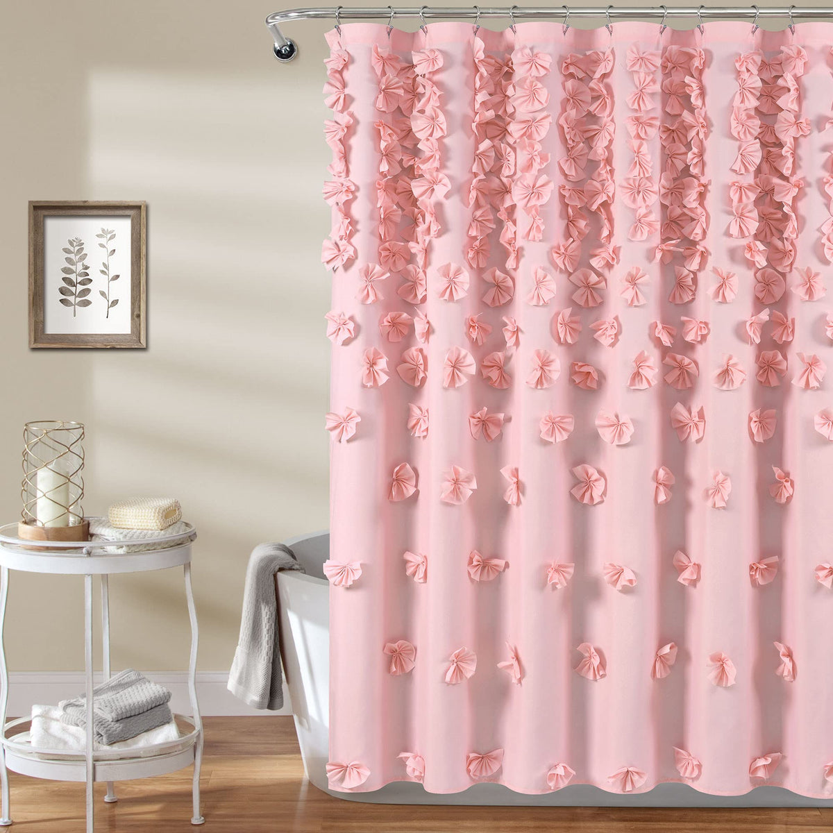 Lush Decor Riley Shower Curtain, 72" W x 72" L, Pink - Luxury Shower Curtain With Bows - Charming Texture