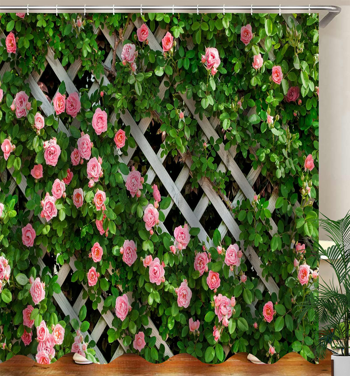 JOOCAR Garden Shower Curtain, Rustic Decor Rosemary Roses Flower on Fence, Waterproof Cloth Fabric Bathroom Decor Set with Hooks, 66x72 Inch