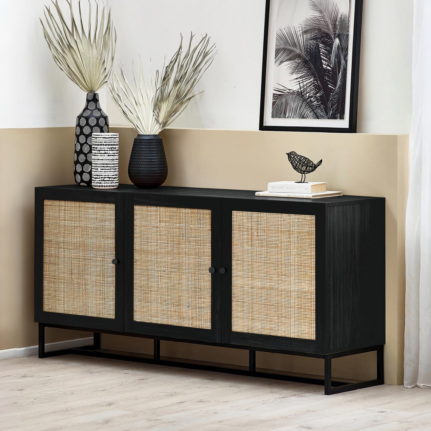 Julian Bowen Padstow Sideboard, Rattan Doors, Black - H75 x W160 x D40cm