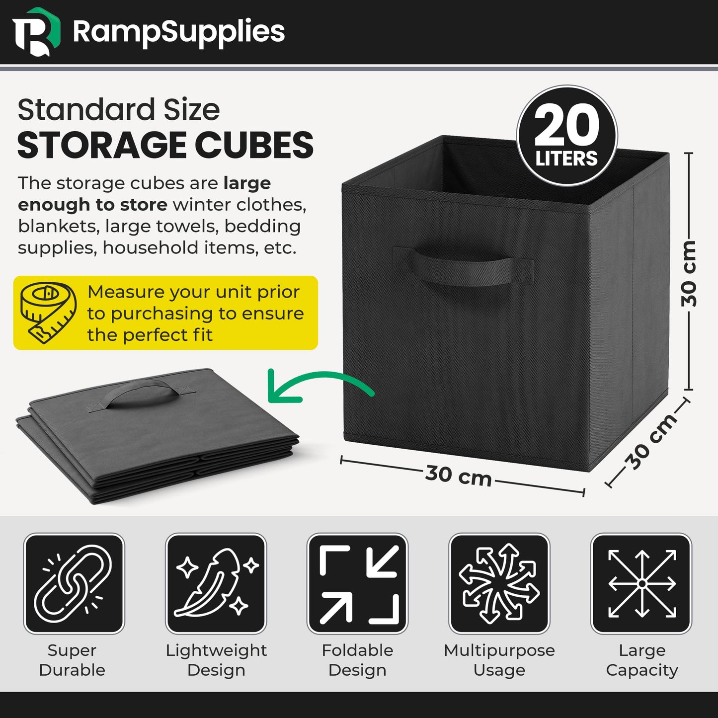 RampSupplies Black Foldable Storage Cubes with Handles, 30cm x 30cm x 30cm,Fabric Storage Boxes