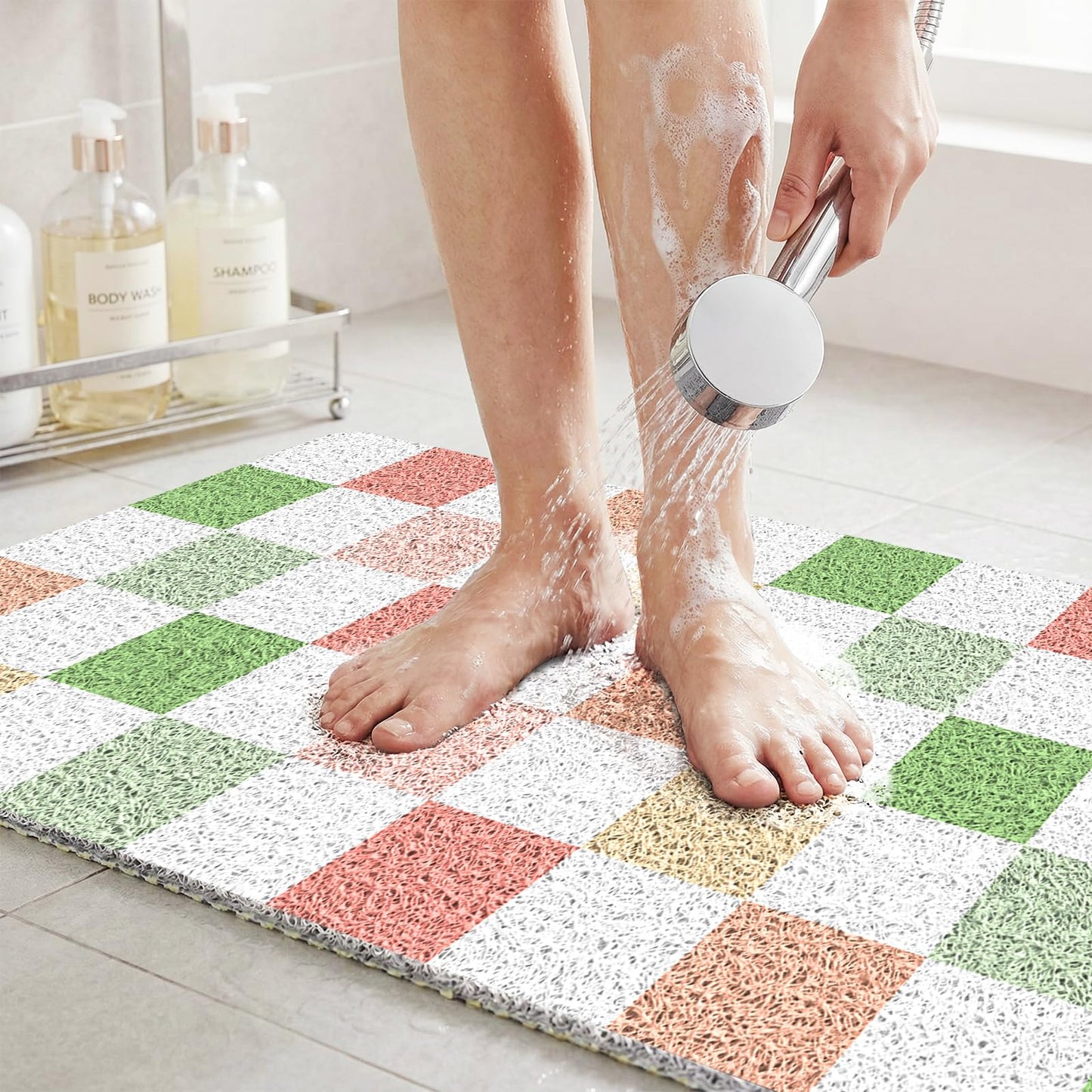 BLESWIN Large Shower Mat Non Slip 50x80CM, Checkered Shower Quick Dry Mats with Drain Hole, Antibacterial PVC Bath Mat for Inside Shower