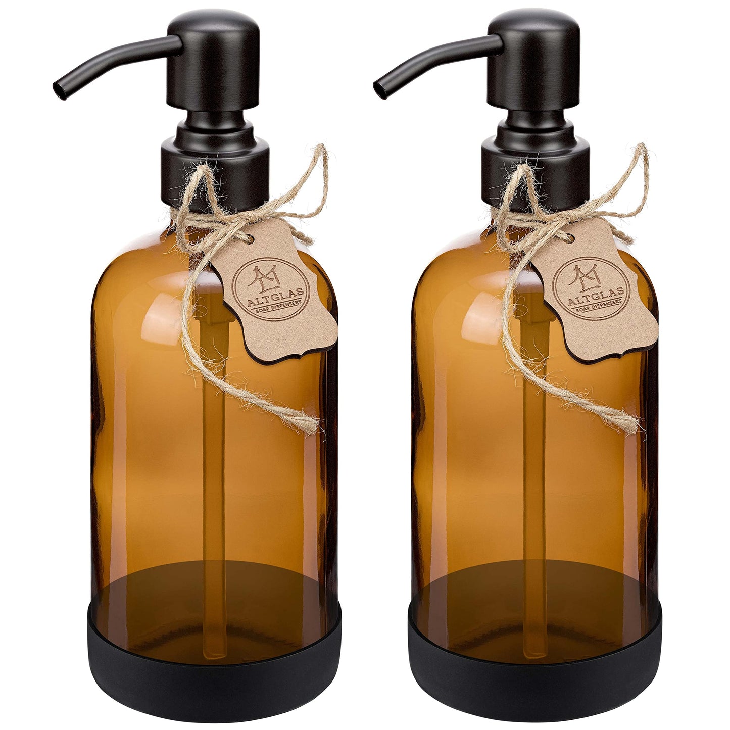ALTGLAS Refillable Glass Soap Dispenser 'Sarajevo' from Amber Bottle with Silicone Coaster and 304 Stainless Steel Pump in Matt Black (500ml, Set of