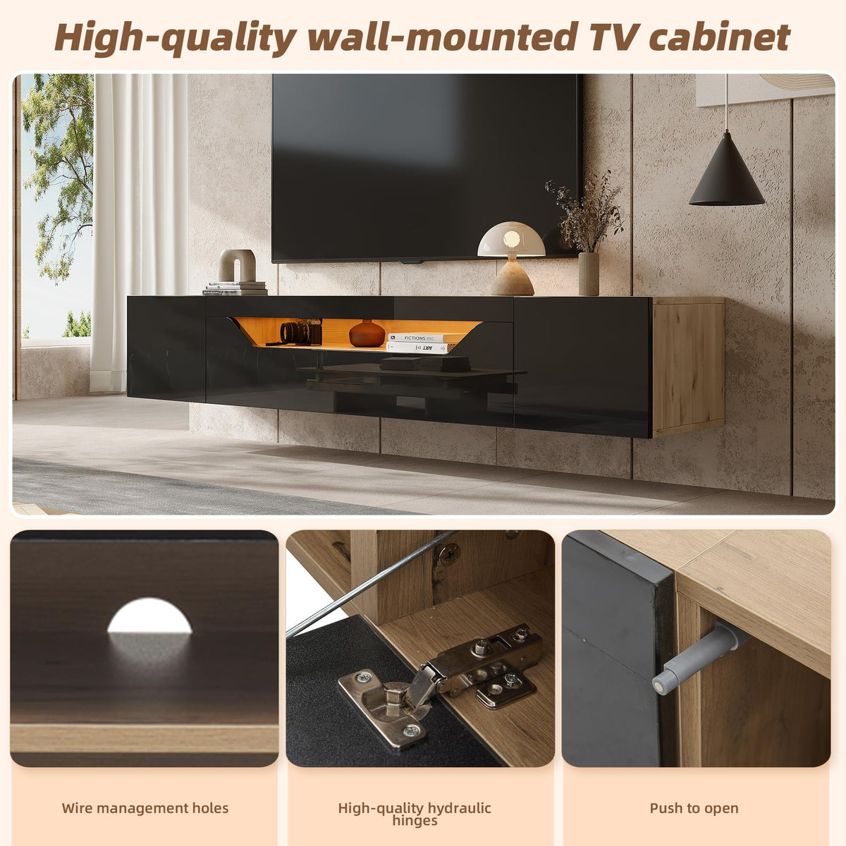 Ball & Cast Floating High Gloss TV Stand Cabinet with LED Lights, Pull-Down Door Wall Mounted Unit