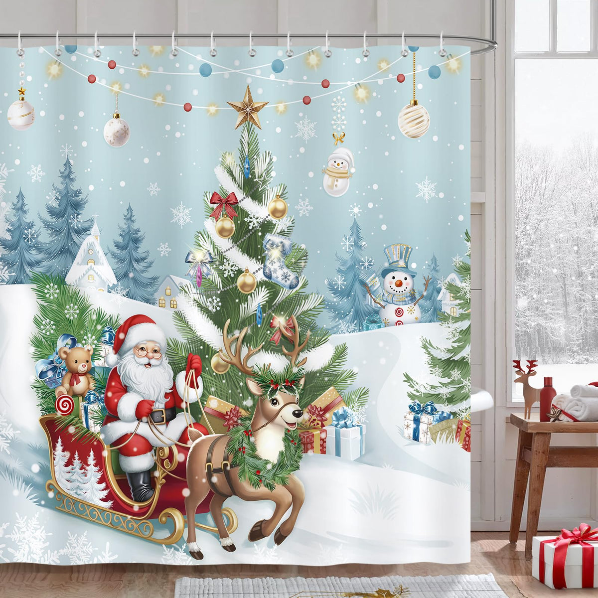 COZZSNUGE Christmas Shower Curtain, Santa Claus Sleigh Reindeer Xmas Tree Ball Winter Holiday Bathroom Curtain 180 x 180 cm, Water Repellent Mildew