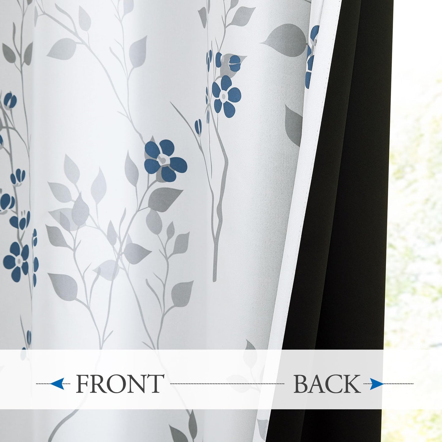 Beauoop Blue Grey Floral Blackout Curtains for Living Room Bedroom 90 Inch Drop Leaf Print Eyelet Curtain Botanical Thermal Insulated Noise Reducing