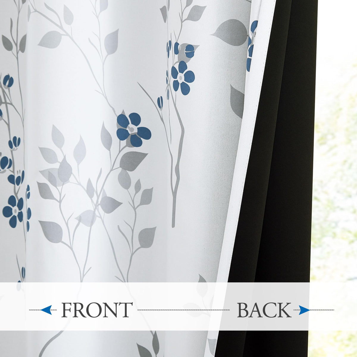 Beauoop Blue Grey Floral Blackout Curtains for Bedroom Living Room 54 Inch Drop Leaf Print Eyelet Curtain Botanical Thermal Insulated Noise Reducing
