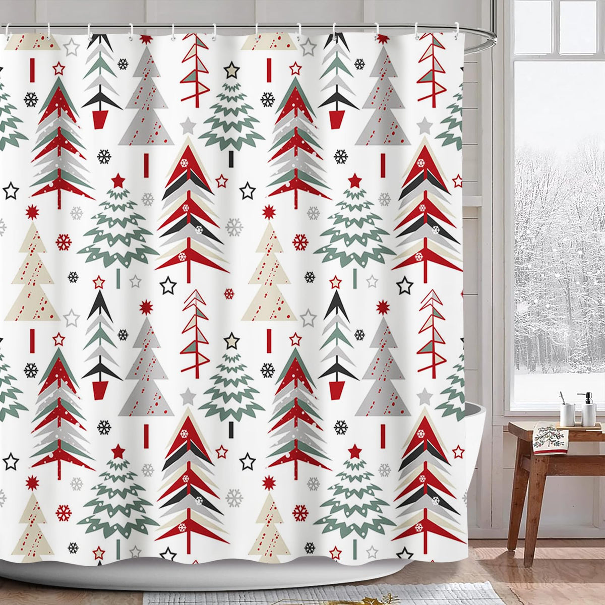 AIBIIN Merry Christmas Shower Curtain Pad Christmas Tree Star Snowflake Print Pattern Bathtub New Year Winter Bathroom Home Decoration Durable