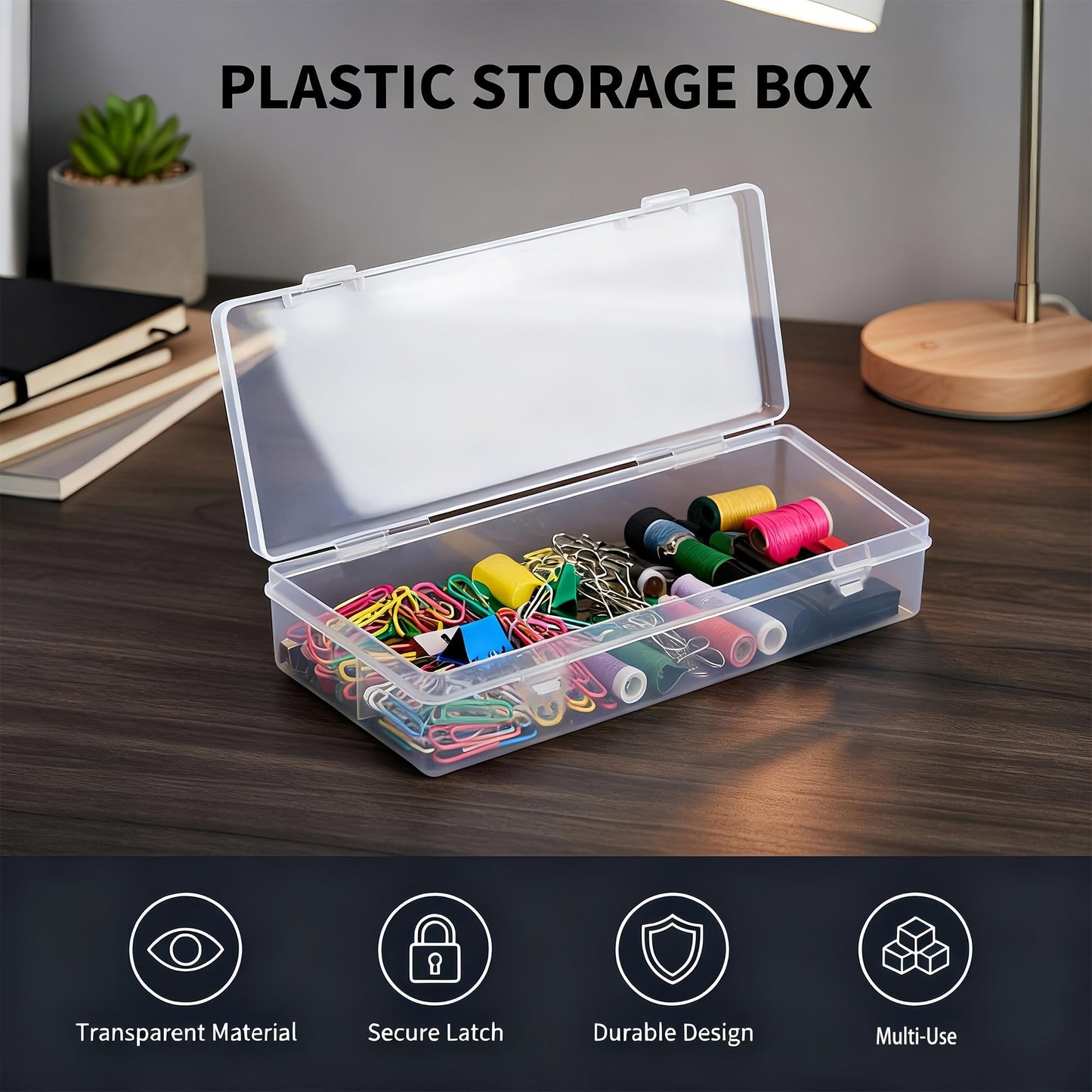 Forever bene 6 Long Plastic Storage Boxes with Lids, 6 Pieces, Clear, each piece measures 15,5 × 6,5 × 3 cm