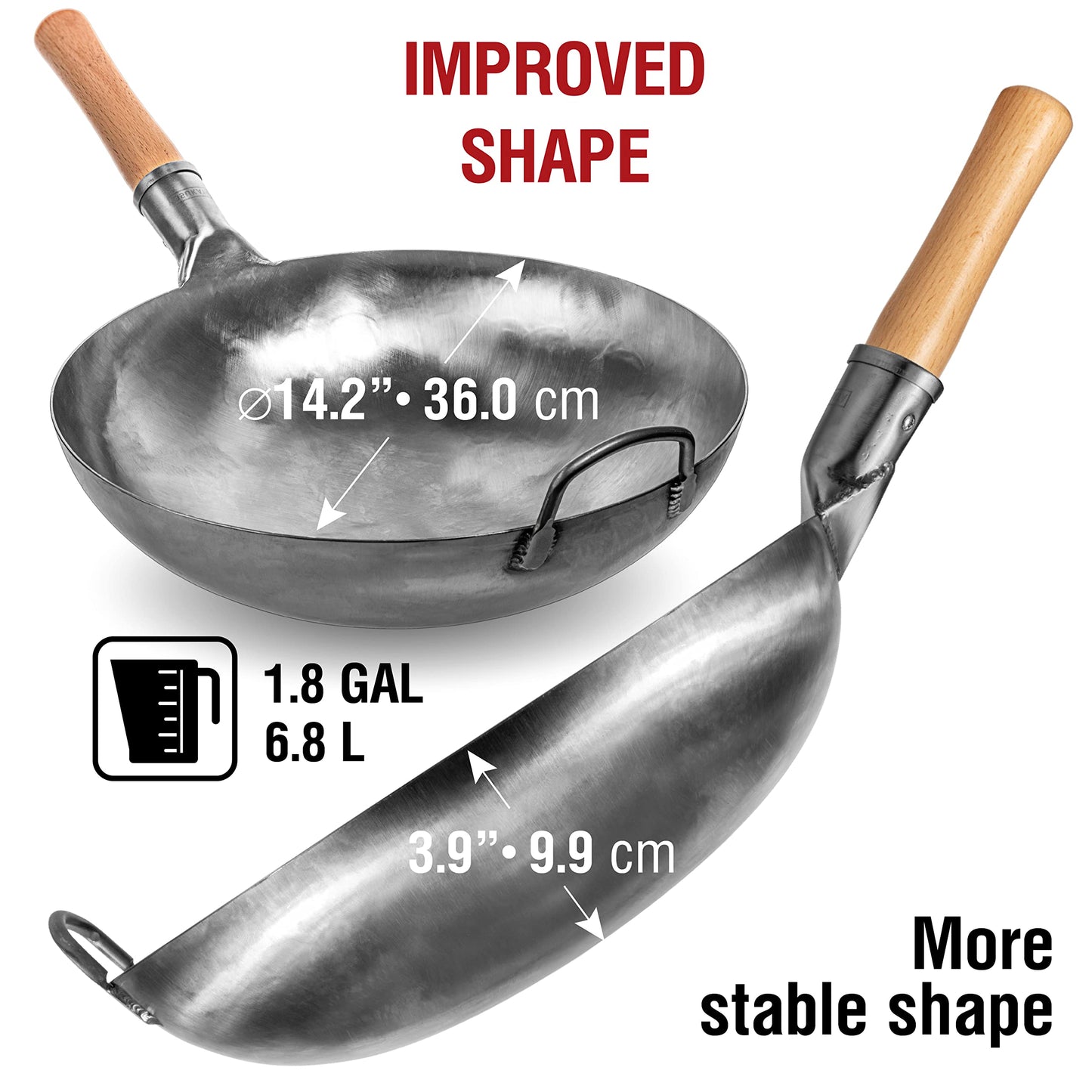 YOSUKATA Silver Round Bottom Woks and Stir Fry Pans 36 cm - Chinese Hammered Carbon Steel Pow Wok - Traditional Chinese Japanese Cookware - Carbon