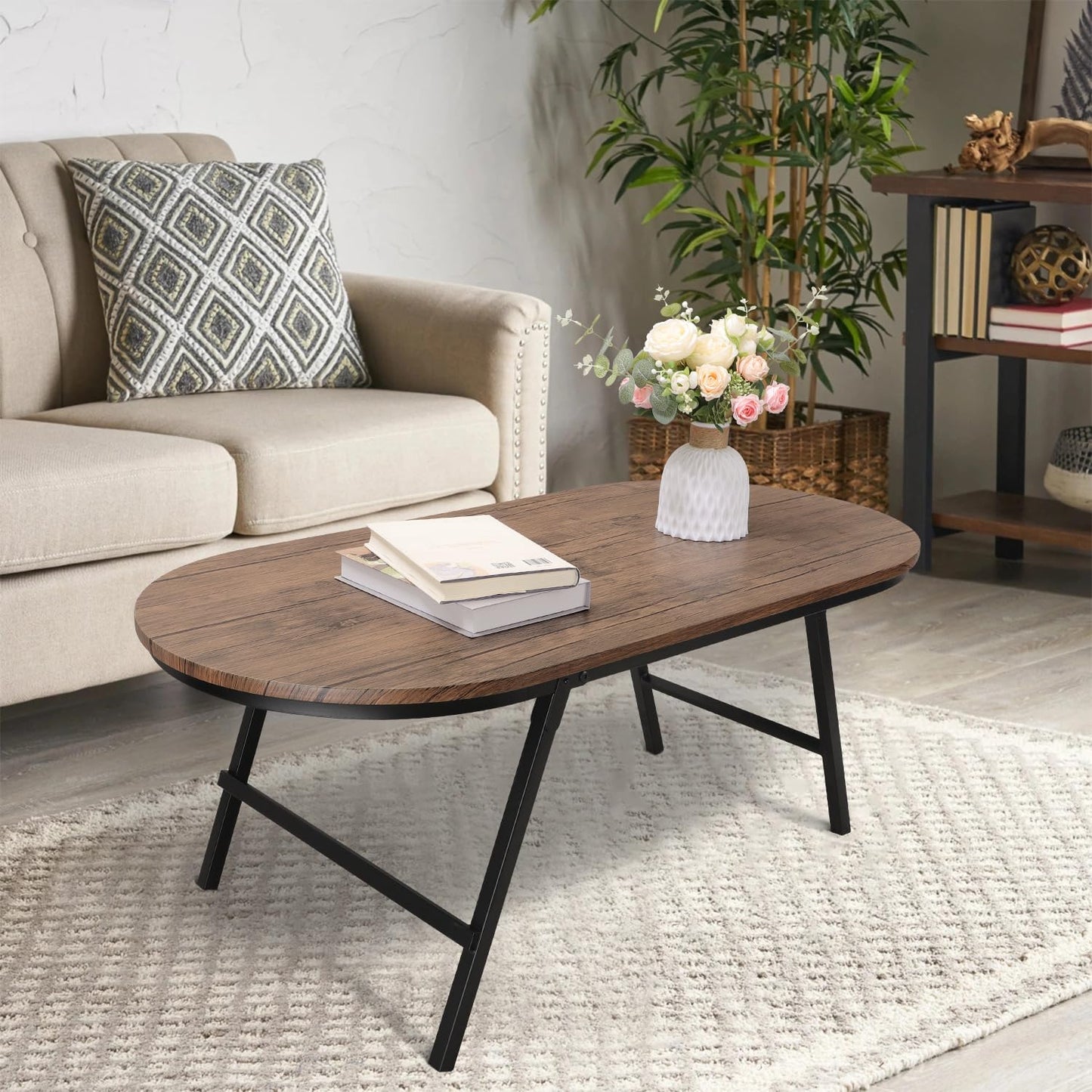 FEUFOAM Folding Coffee Table for Small Spaces Wood and Metal Oval Coffee Tables No Assembly Low Coffee Table for Living Room, Home, Office