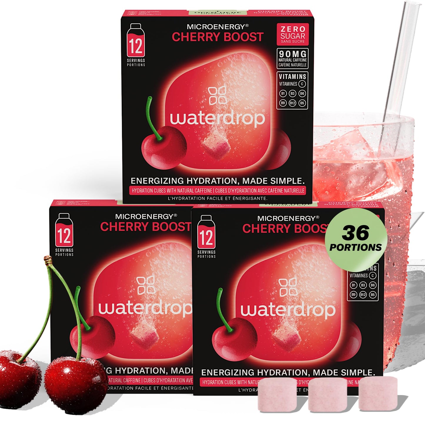 waterdrop? Microenergy Set, Energy Drink, 36 Water Flavouring Hydration Cubes in Cherry Flavour, Sugar Free, Low Calorie Fizzy Drinks, 90 mg Natural