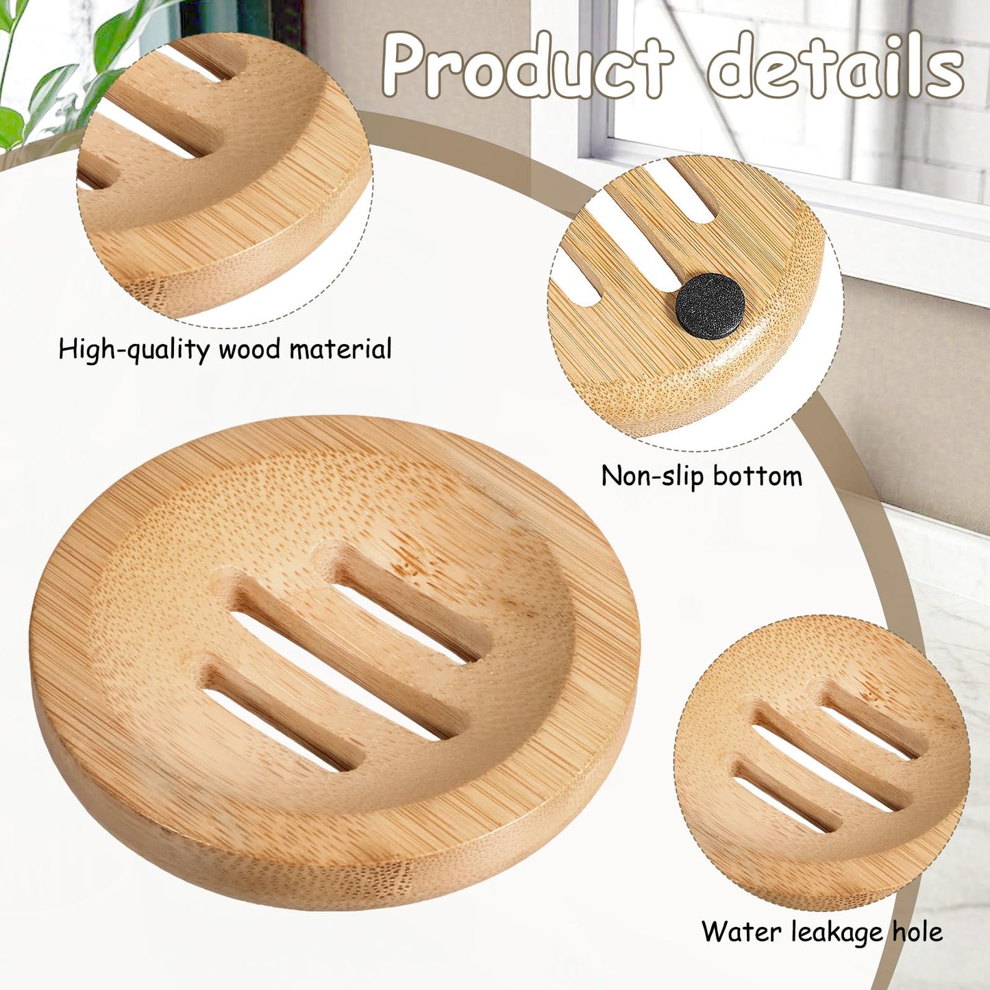 Bamboo Soap Dish, 2 Pcs Round Wooden Soap Holder Natural Wood Soap Tray Self Draining Soap Dish for Bathroom Shower Kitchen Sink