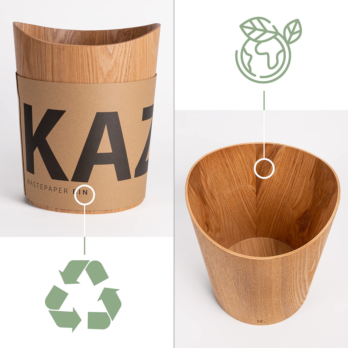 Kazai. Real Wood Waste Paper Bin Brje | Wooden Paper Basket for Office, Kids' Room, Bedroom and more | 9 liters | Ash