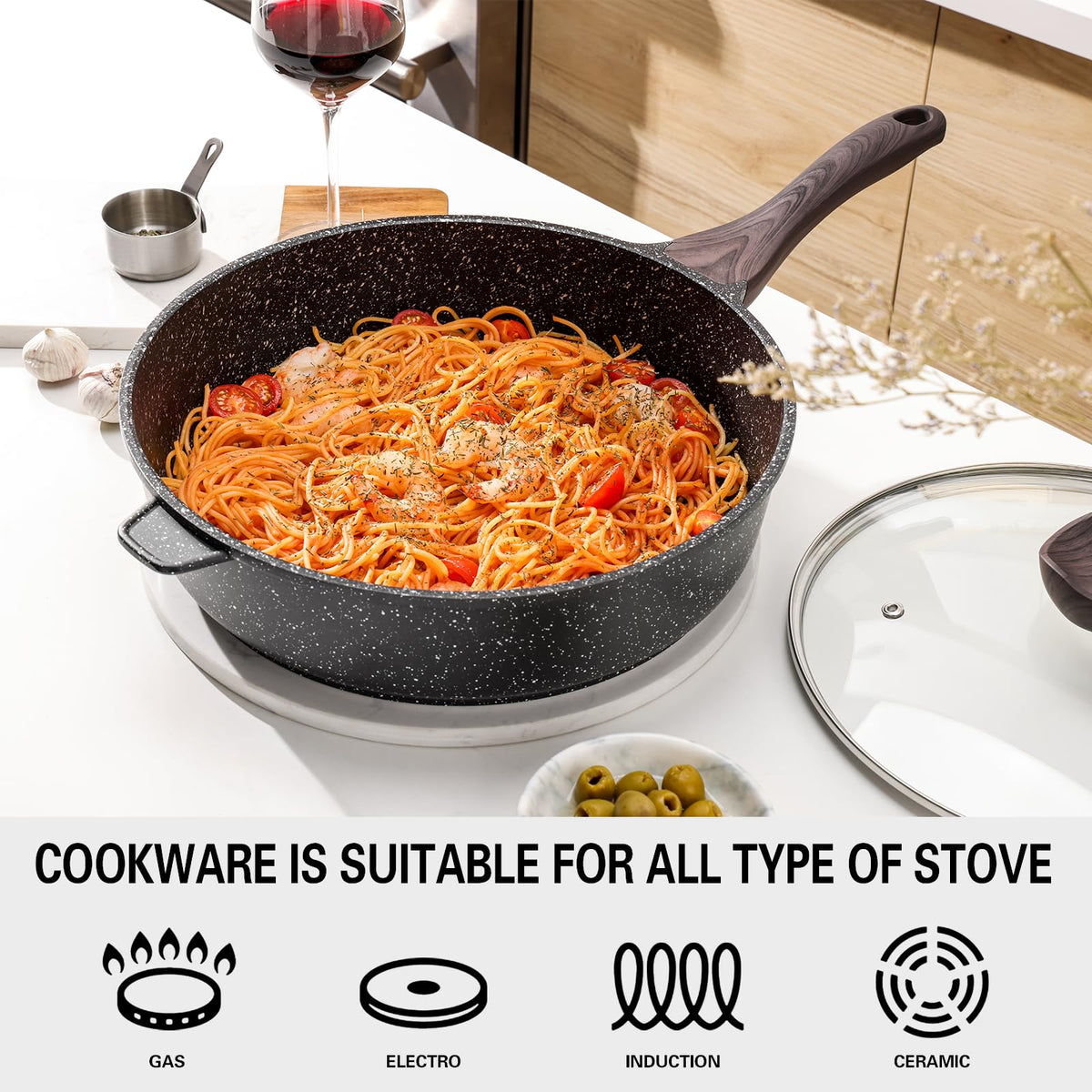 Kordisen Nonstick Deep Frying Pan with Lid, 30 cm/5.7 L Large Skillet, Granite Stone Saute Pan for Cooking, Induction Cookware, Compatible with All