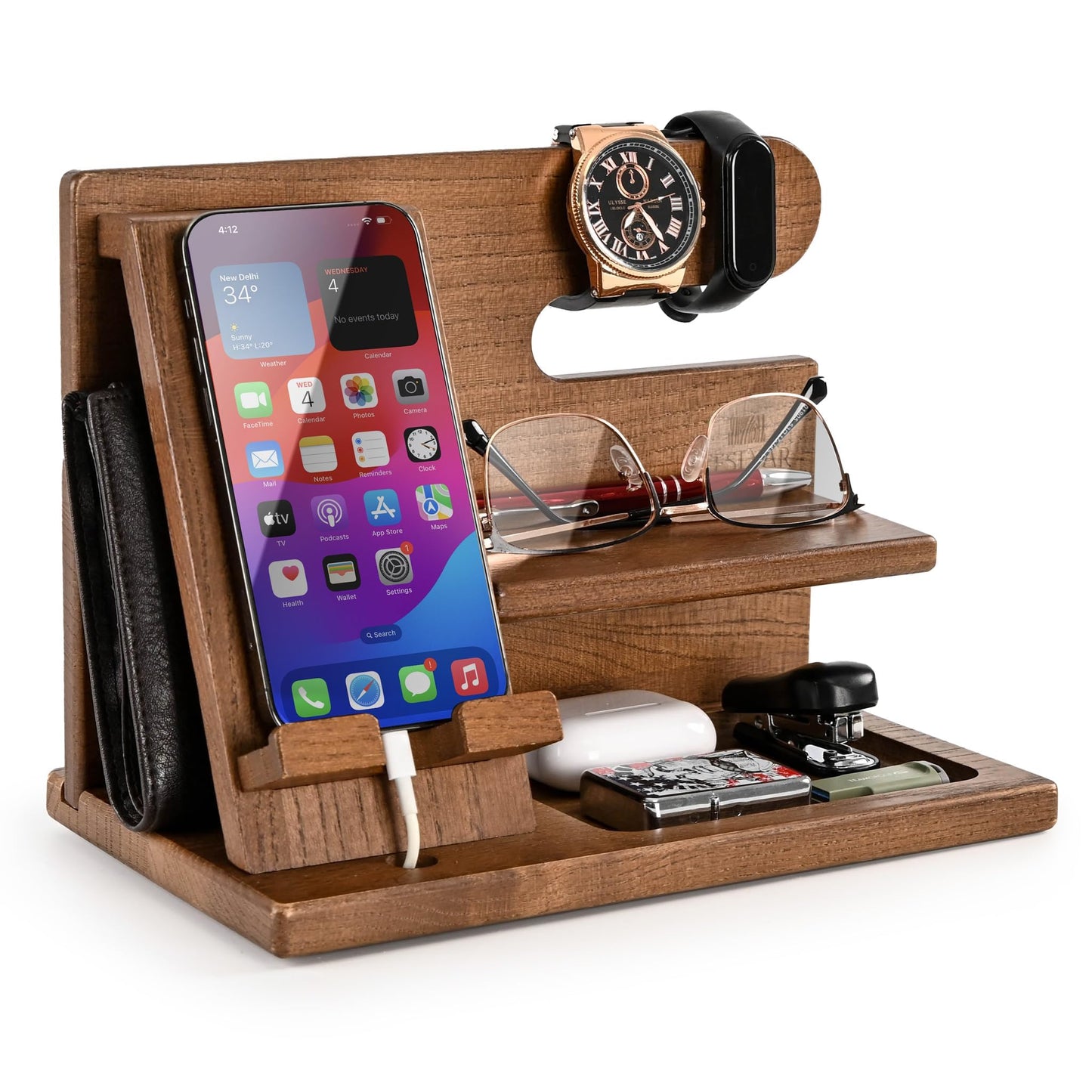 Teslyar Wood Phone Docking Station for Men - Desktop or Nightstand Organizer - Birthday gifts for Men, Dad - Anniversary Idea from Wife - Key Holder,