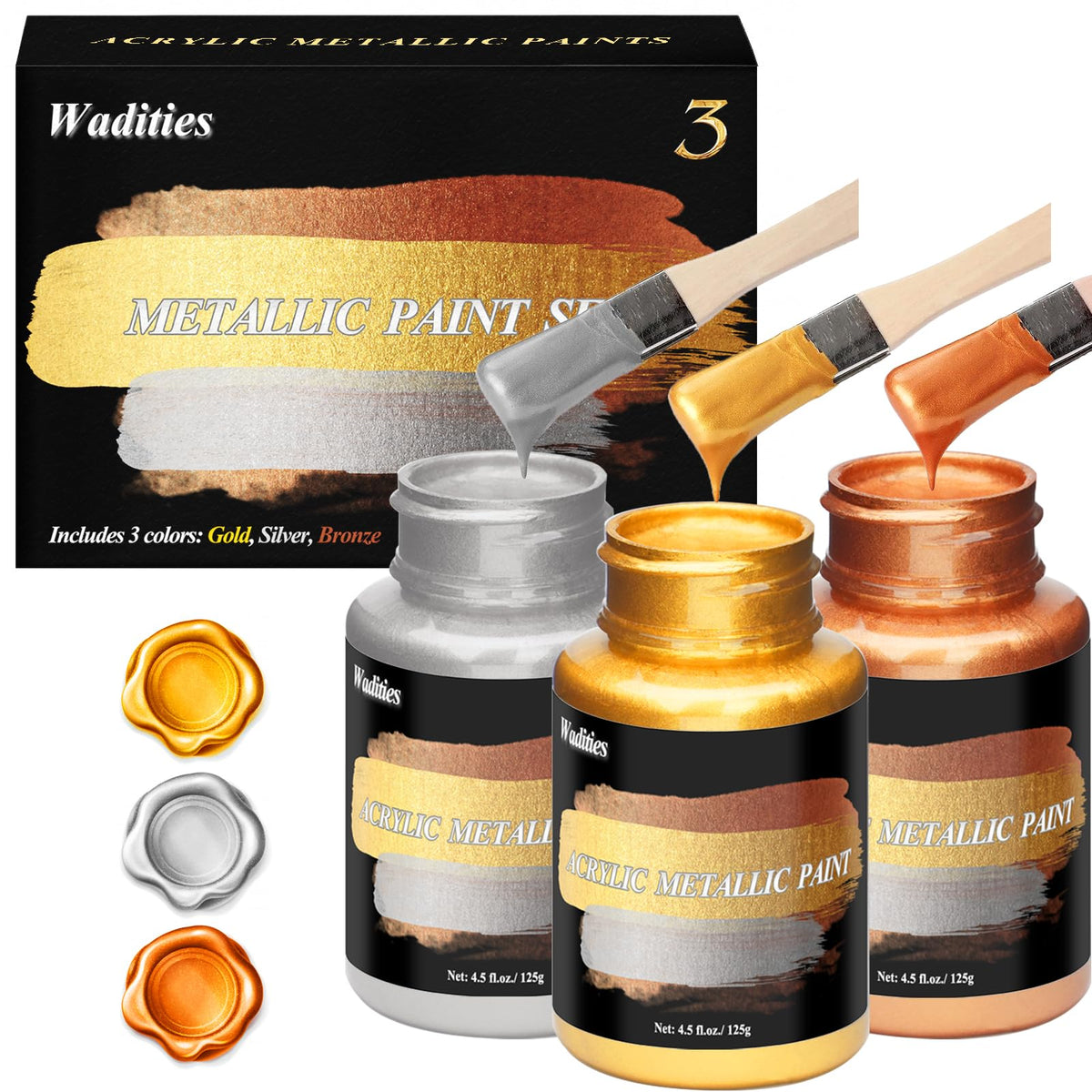 Wadities Acrylic Paint Metallic, 375g Gold & Silver & Bronze, Gold Leaf Paint for Art Painting, Ideal for Canvas, Wood, Clay, Fabric, Ceramic, Stone,
