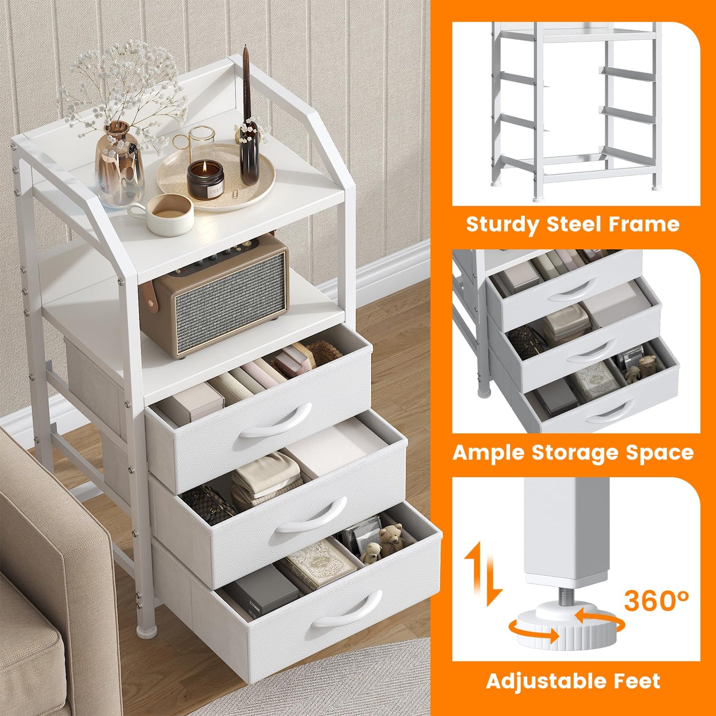 Feonase Bedside Table with 3 Fabric Drawers and Open Shelf, Nightstand for Bedroom, Living Room, Small Spaces – Metal Frame & Wooden Top