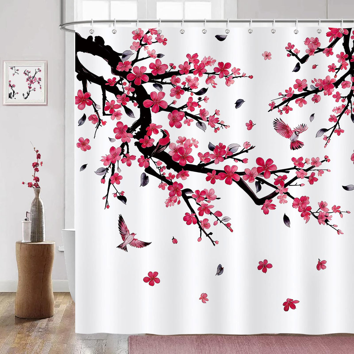 COZZSNUGE Floral Shower Curtain, Pink Red Plum Blossom Birds Bathroom Curtain 183 x 183 cm, Water Repellent Mildew Resistant Polyester with 12 Hooks