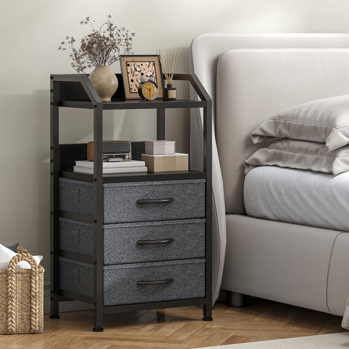 Feonase Bedside Table with 3 Fabric Drawers and Open Shelf, Nightstand for Bedroom, Living Room, Small Spaces – Metal Frame & Wooden Top