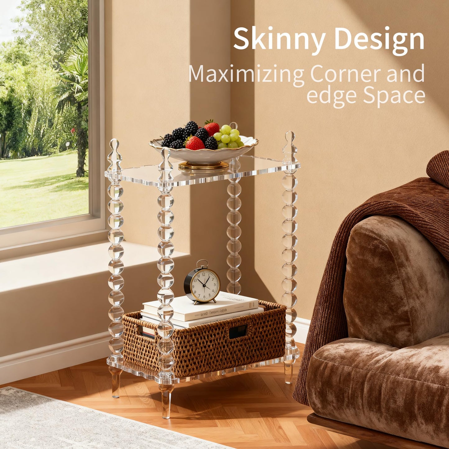 Dewrhiixe Acrylic Side Table 2-Tier, Clear Nightstand with Storage, Narrow Bedside End Table for Small Spaces (Clear, 20.7"×10.4“×25.9”)