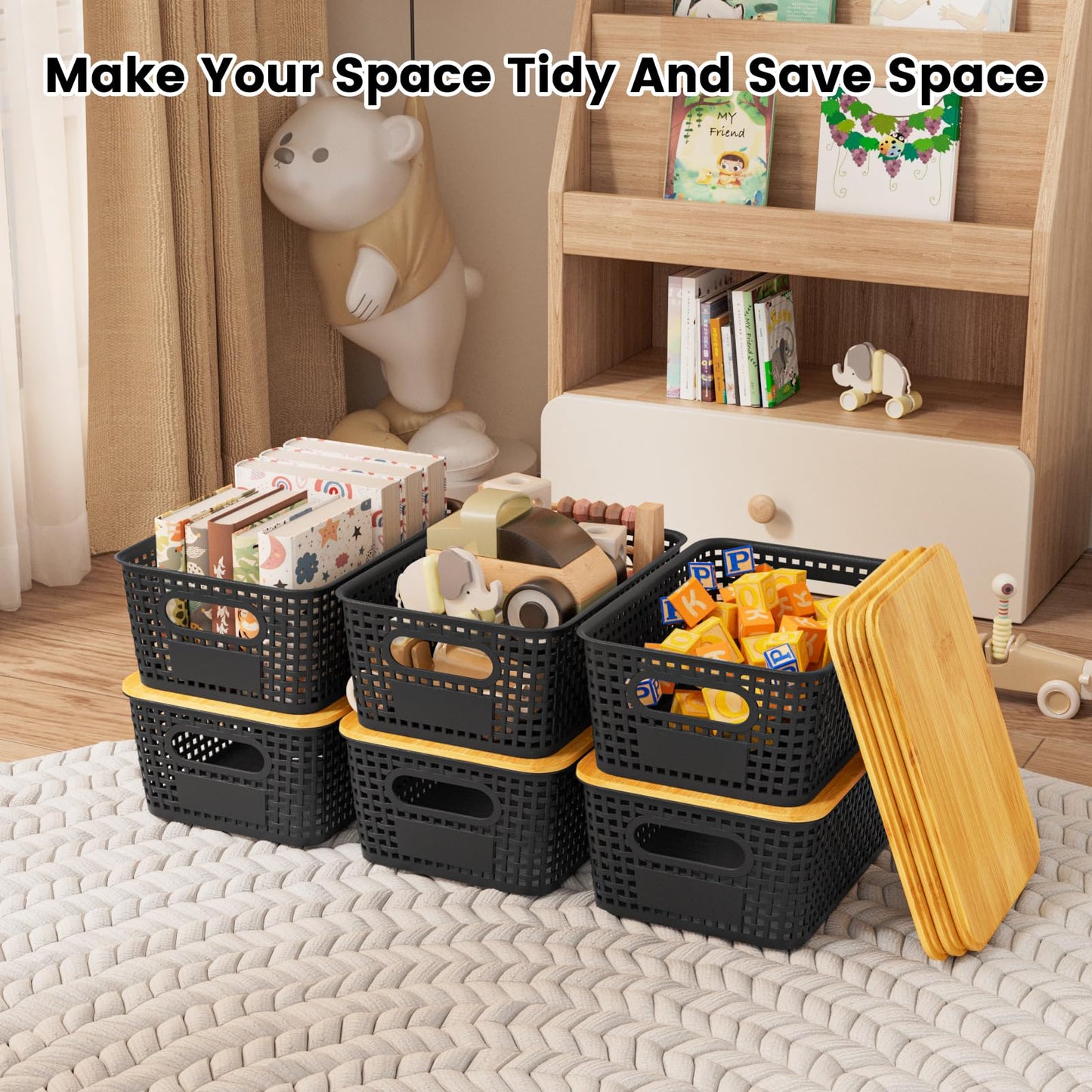 Shrivee Set of 6 Storage Boxes with Bamboo Lids, Bathroom, Kitchen Storage Boxes for Shelves, Cupboards, Cabinets and Home (Black, Set of 6 5 Litres)