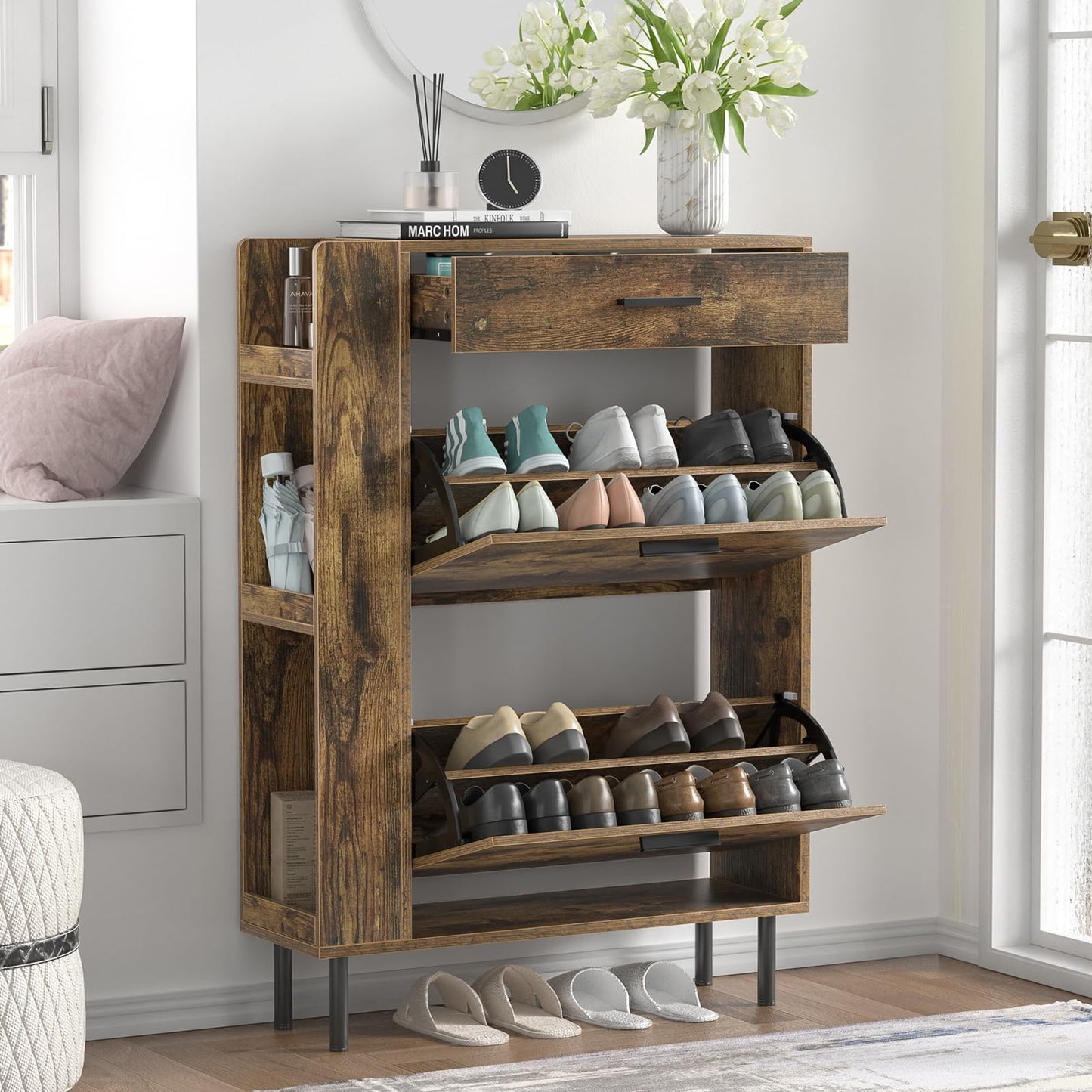Skokliz Shoe Storage Cabinet, Modern Shoe Cabinet with 2 Flip Hidden Doors and Drawer, Wooden Narrow Shoe Storage with Adjustable Shelves For Hallway