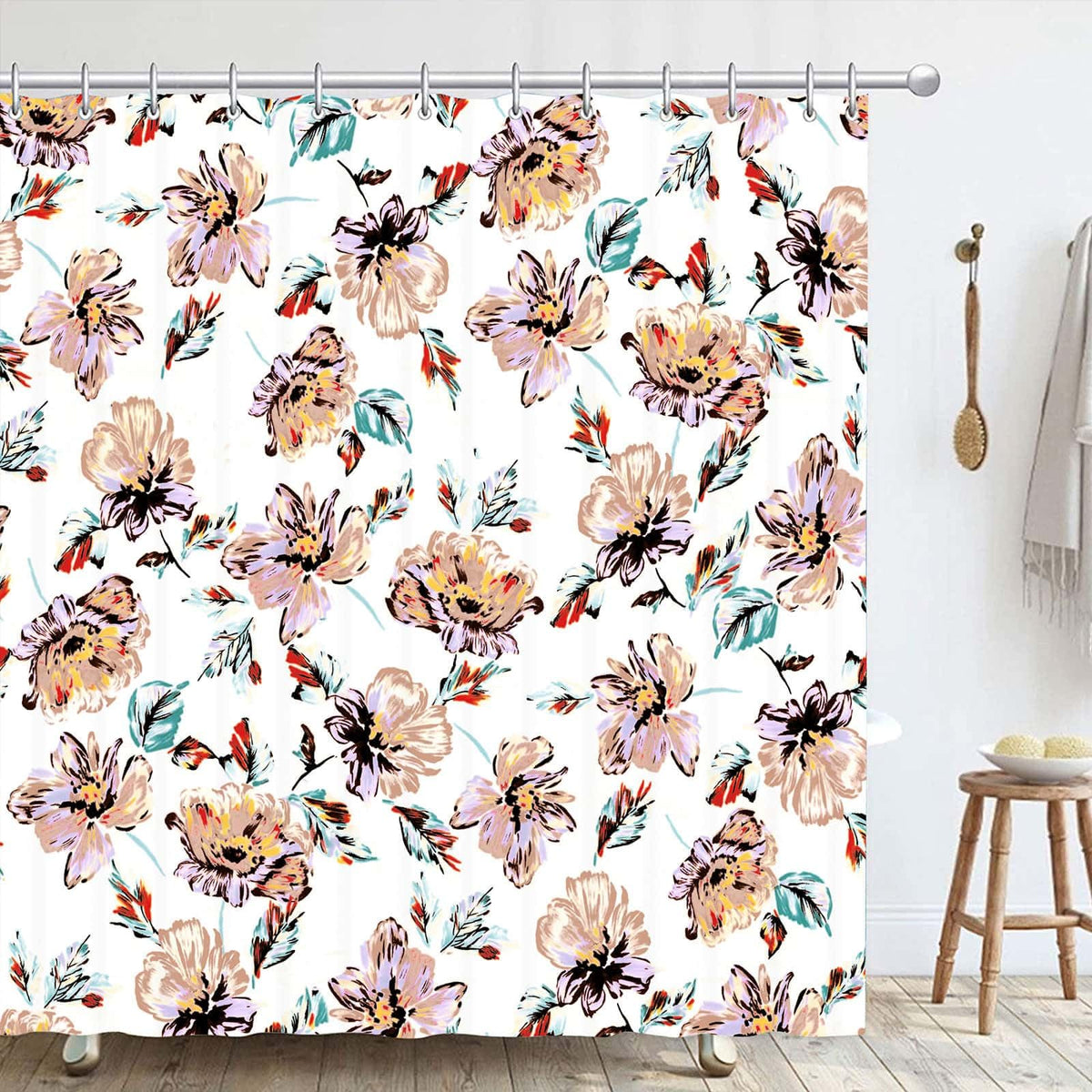 Hykiee Shower Curtain, 180 * 180cm (71x71Inch) Watercolor Floral Leaves Mould and Mildew Resistant Bathroom Curtains, Minimalist Botanical Rustic