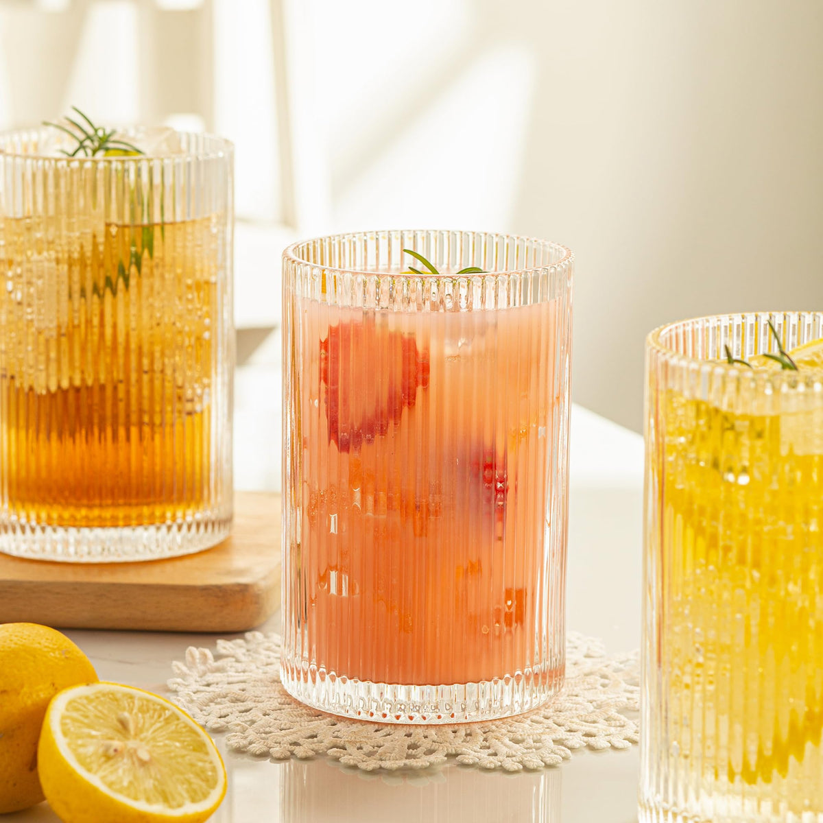 POLIDREAM Vintage Ribbed Glassware Set: 6pcs 16.9oz Drinking Glasses, Fluted Ripple Drinkware, Origami Style, Elegant Glassware for Whiskey, Cocktail,