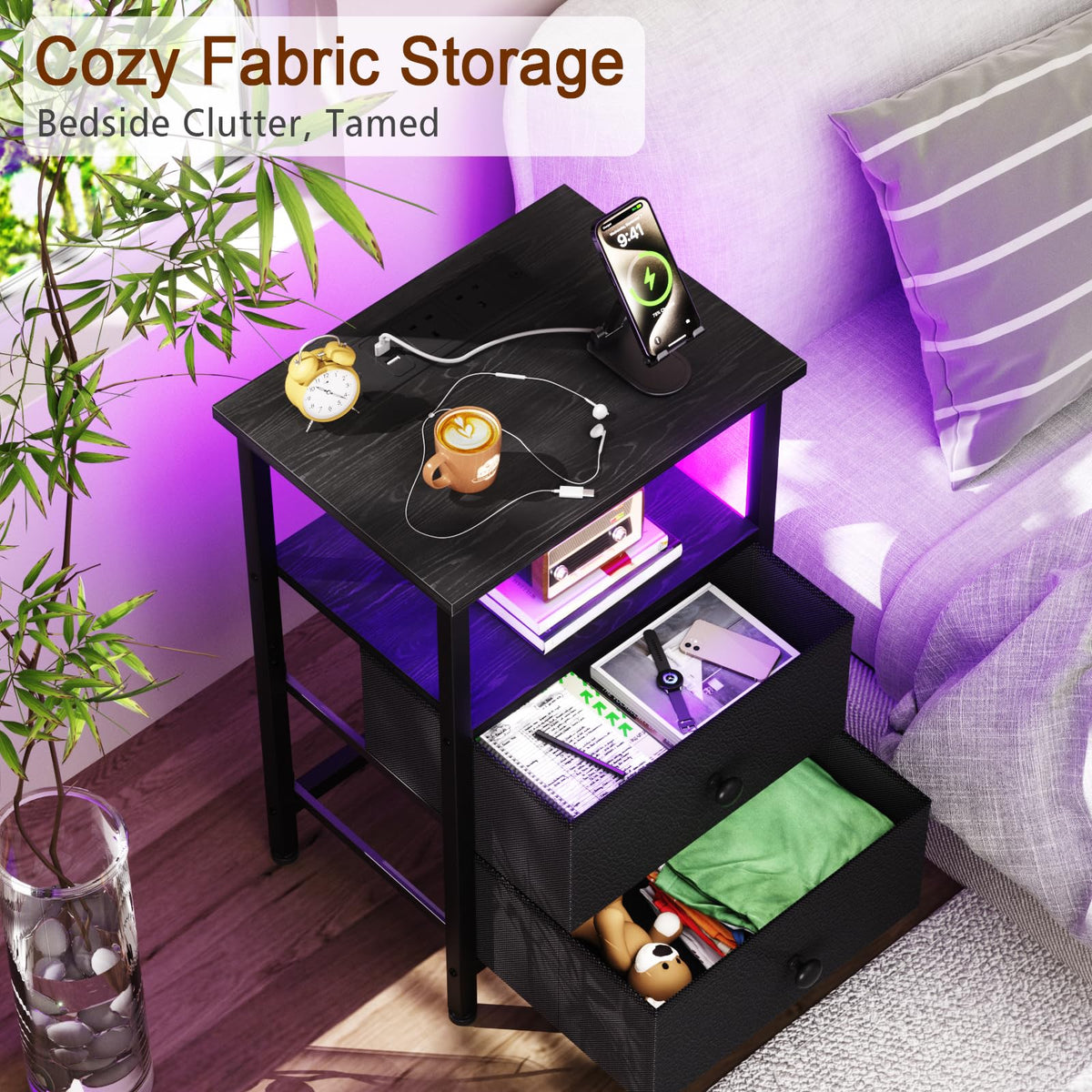 LOAKEKEL Bedside Table, Side Table with Charging Station, Bed Side Table