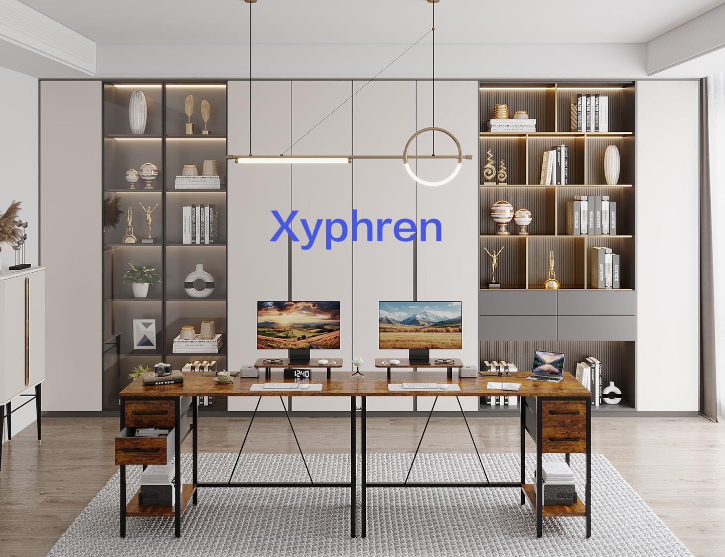 Xyphren 100cm Computer Desk with Drawers & Power Outlets, Office Desk with Storage Monitor Stand, Reversible Small Desks for Home Office Bedroom