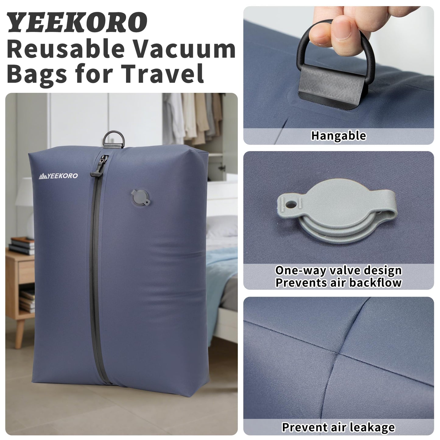 YEEKORO Vacuum Bag for Travel, Professional Vacuum Compression Bags, IPX8 Waterproof Reusable Anti Tear Space Saver Vacuum Storage Bags for Suitcase