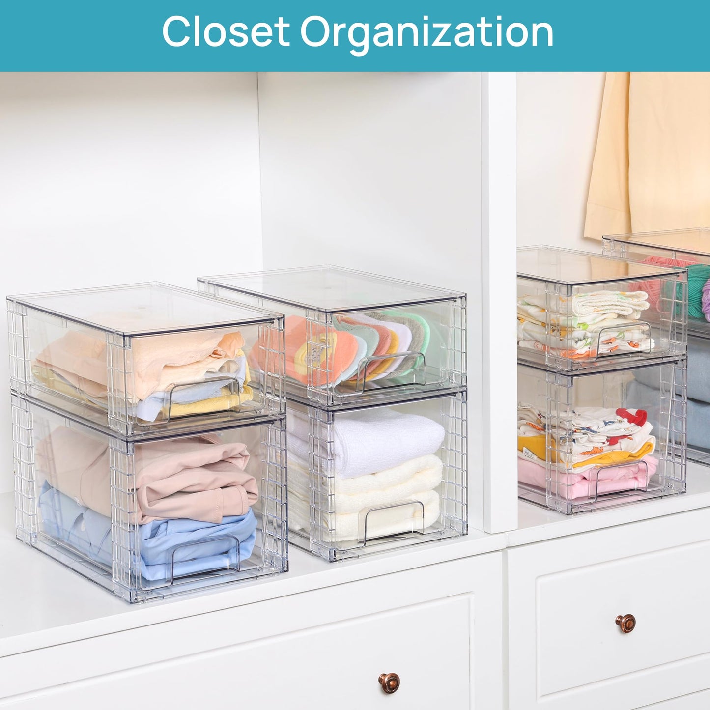 Vtopmart 4 Pack Large Stackable Storage Drawers,Clear Acrylic Drawer Organizers with Handles, Easily Assemble for Bathroom,Kitchen