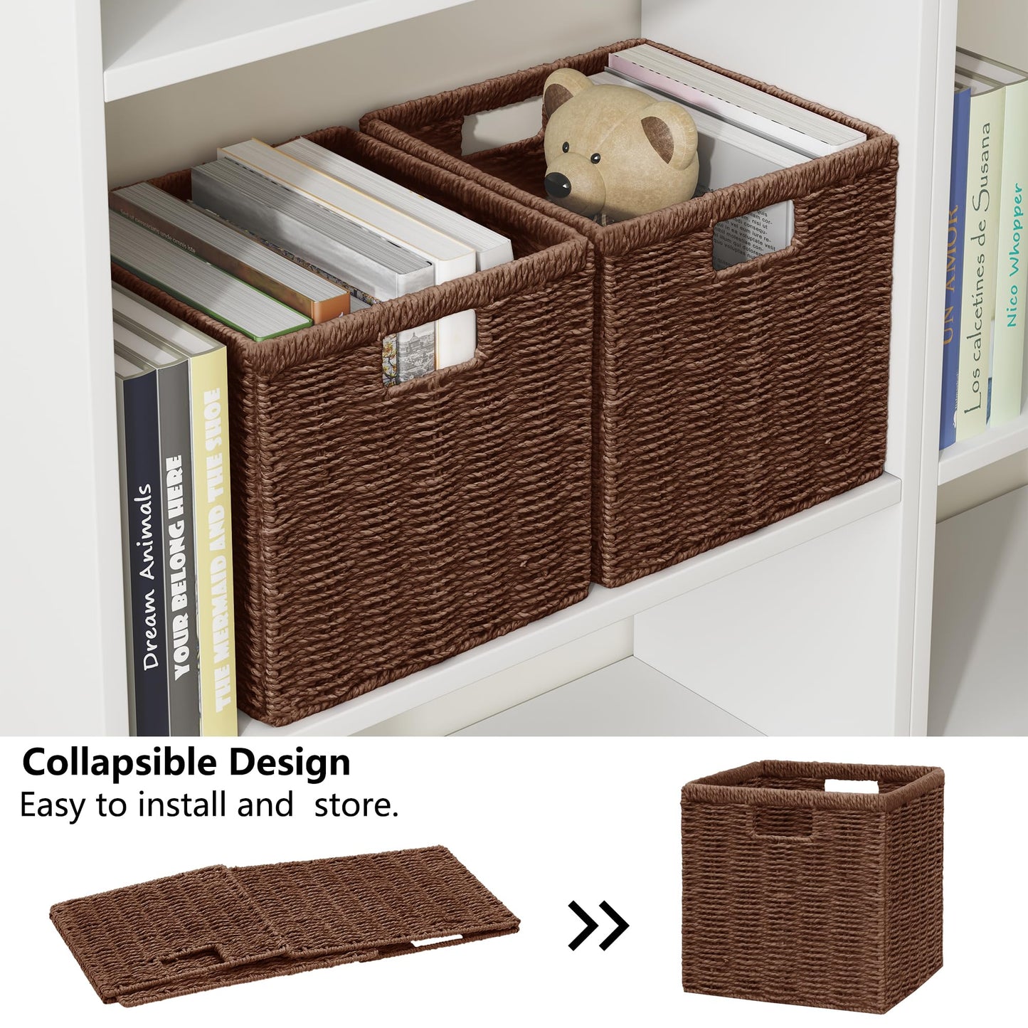 Vagusicc Wicker Storage Basket, Foldable Storage Cubes Organizer Bins, Handwoven Storage Baskets for Shelves Closet Wardrobe Bathroom