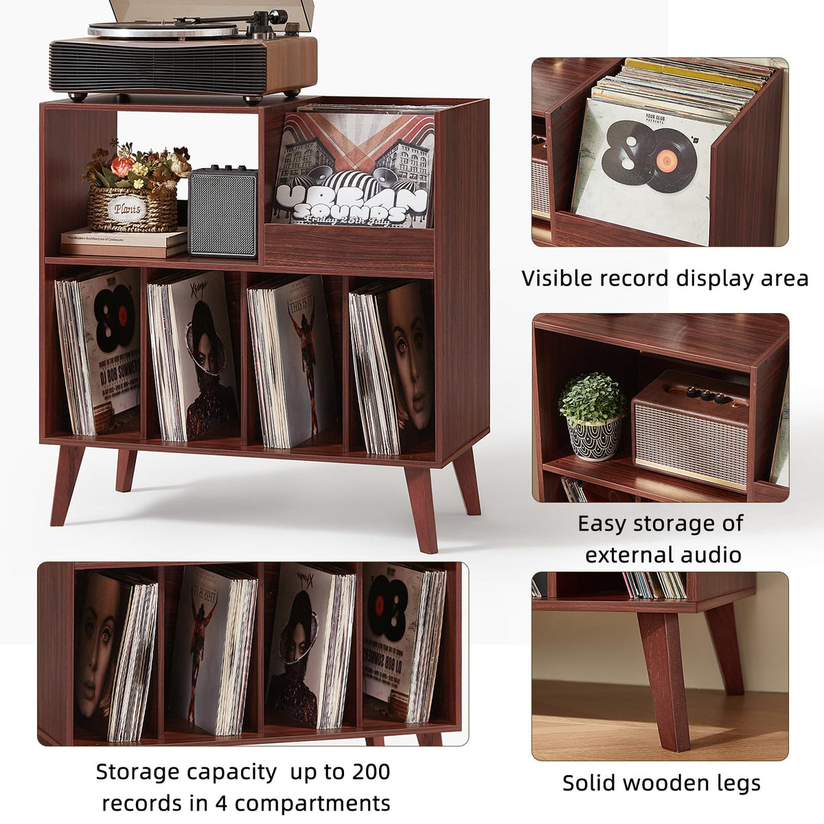 Large record stand with storage, record player stand with shelf, vinyl record holder with presentation surface, record stand for up to 300 albums
