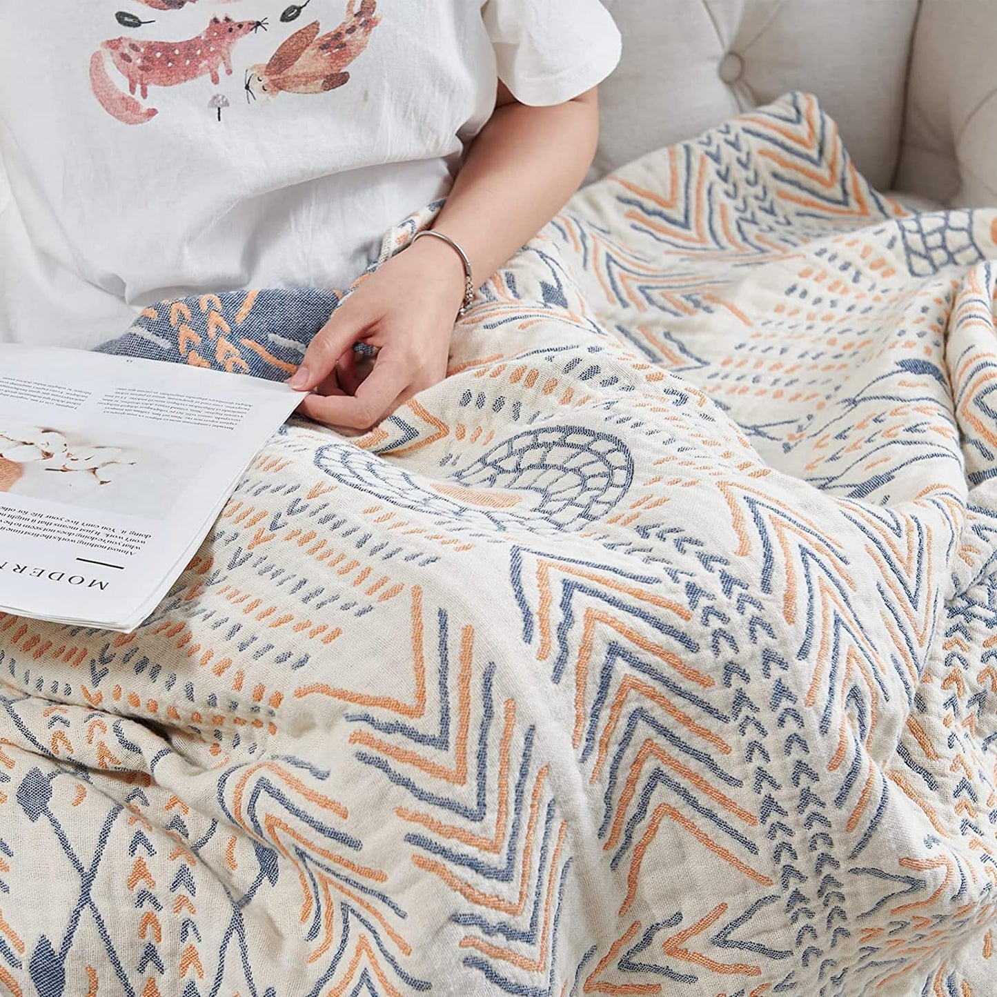 VANJOROY Double-sided Bohemian Sofa Bed Large Throw Blanket, 100% Pure Organic Cotton Soft Boho Throw for 2 3 Seater Settees Armchair Couch and