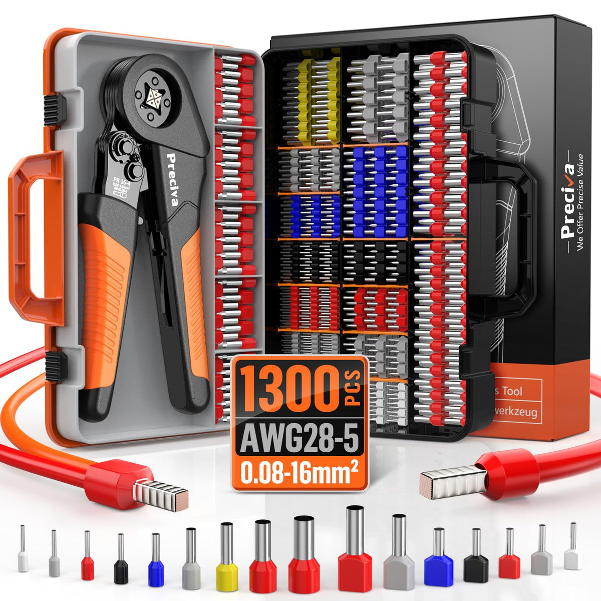 Crimping Tool 0.08-16mm? with 1300 Crimp Connectors (350 Double Terminals), Preciva Self-Adjustable Ratchet Crimper with Suitcase, Ergonomic