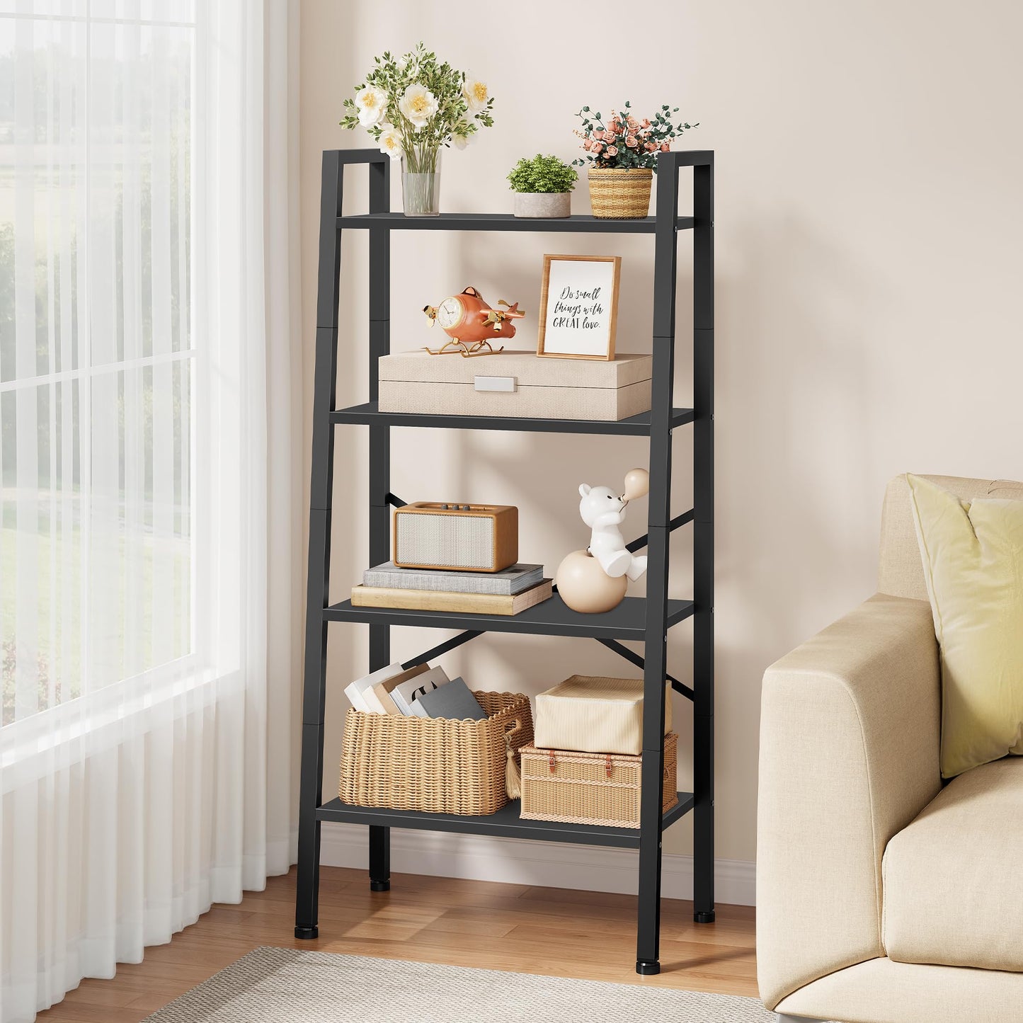 Hoctieon 4-Tier Industrial Ladder Bookshelf, Narrow Ladder Shelf, Tall Standing Bookshelf, Skinny Open Ladder Shelf, for Living Room, Home Office