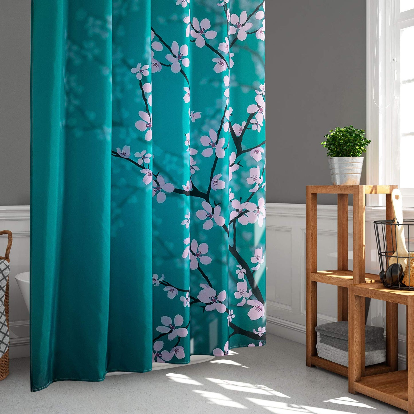 LIGICKY Japanese Style Plum Blossom Shower Curtain for Bathroom Durable Waterproof Fabric Floral Printed Home Bath Decor Curtains, 71x71 Inches Set