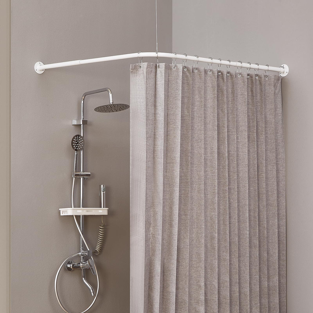 Crkmire L Shape Shower Curtain Rail, [99-175 cm] x [139-216 cm] Square 90 Degree Corner Curved Curtain Rod No Sagging for Bathroom, with 12 Ring Hooks